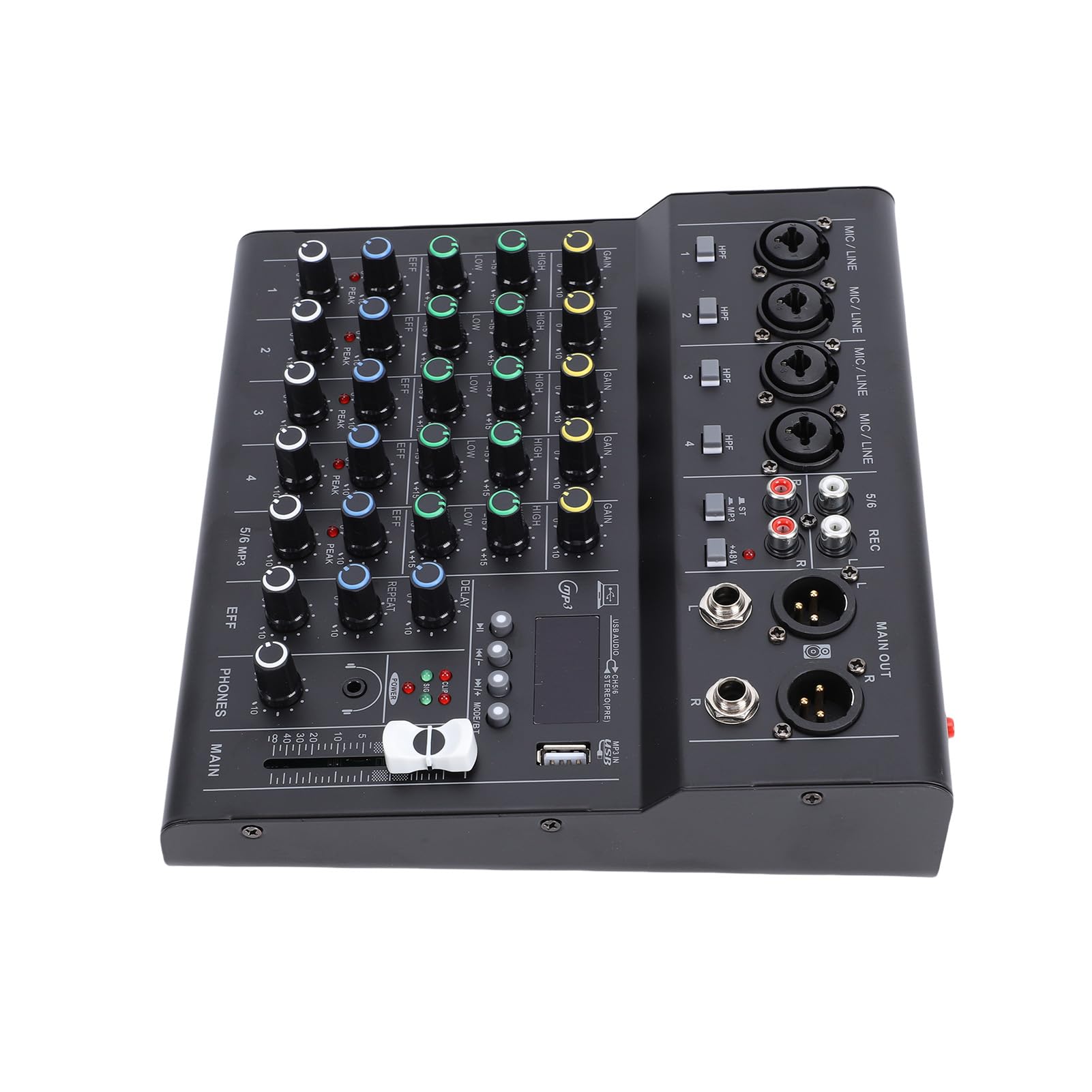6-Kanałowy Przenośny Mikser DJ z Bluetooth i Odtwarzaczem MP3, Wbudowany Wzmacniacz Gitarowy z Zasilaniem Phantom 48V for Nagrywanie Studyjne i Koncerty (BLACK)