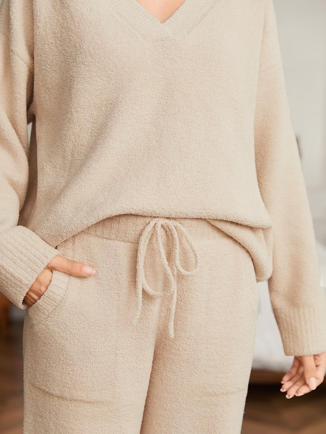 Snuggle Sac Womens Pajama Sets 2 Piece Cozy Winter Fluffy Fuzzy Pajamas V Neck Long Sleeve Lounge Set - Image 7