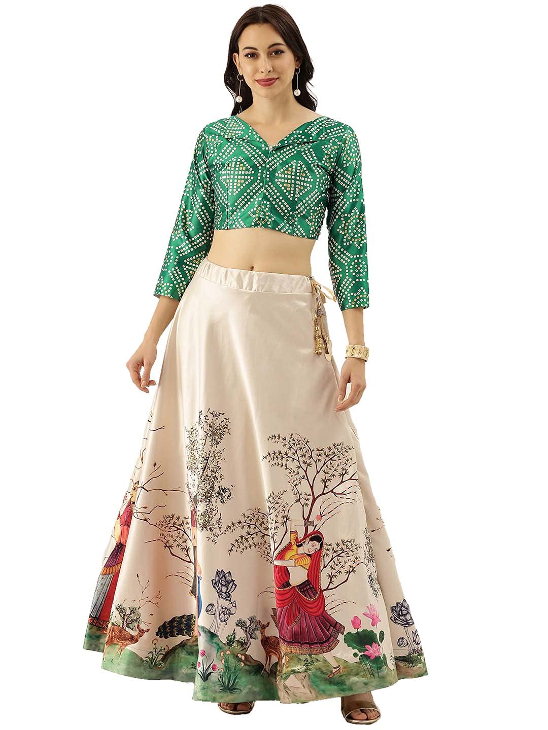 Women's Wedding Special Digital Print Satin Silk Semi-Stitched Readymade Circular Umbrella Flair Lehenga choli Set with Jacquard Blouse (Green & White, Free Size)-image-13