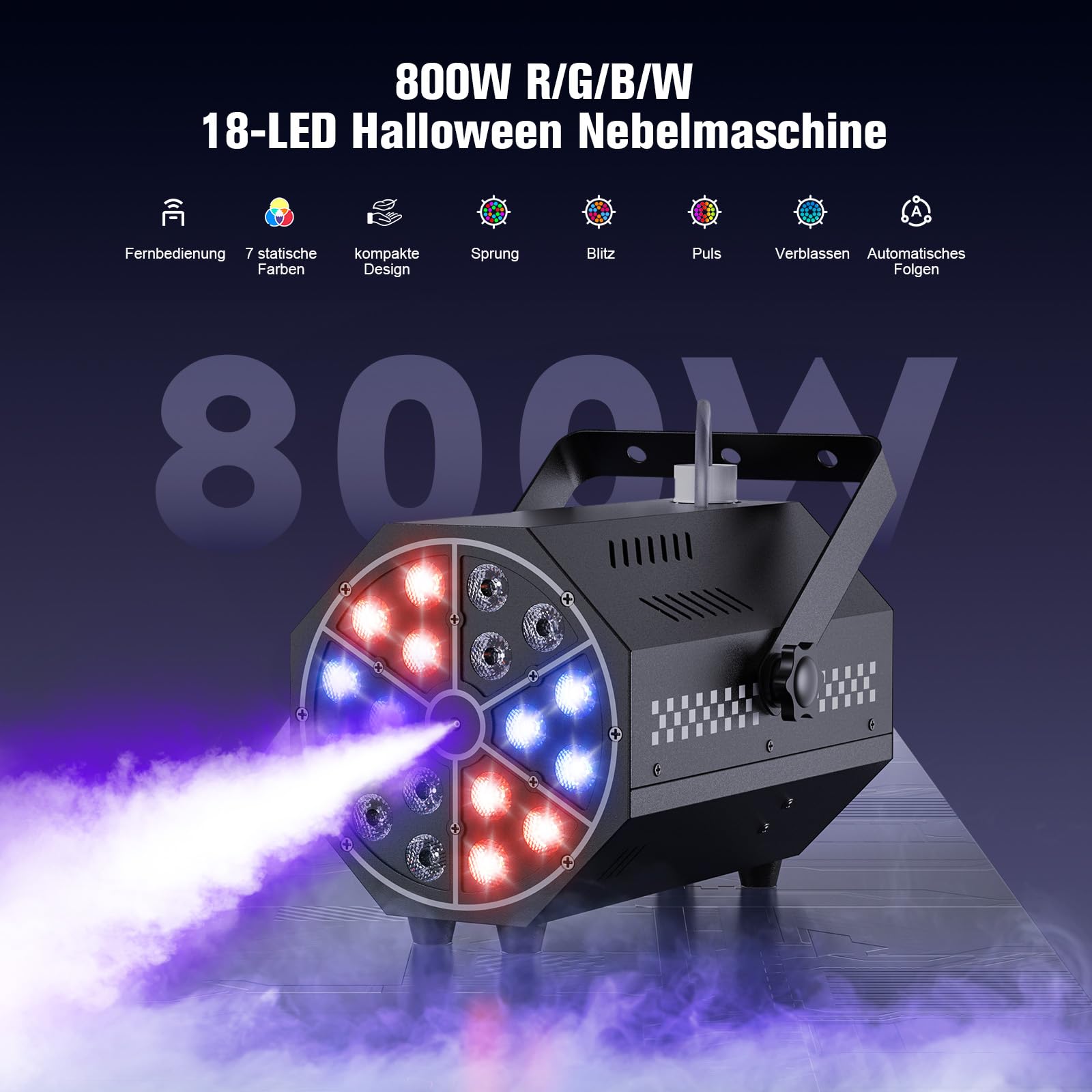 Machine à fumée, 18 LED RVB avec télécommande, LED lumineuses, dégradé de couleurs, saut, impulsion, stroboscope, pour fêtes, Noël, Halloween, DJ, scènes et extérieur
