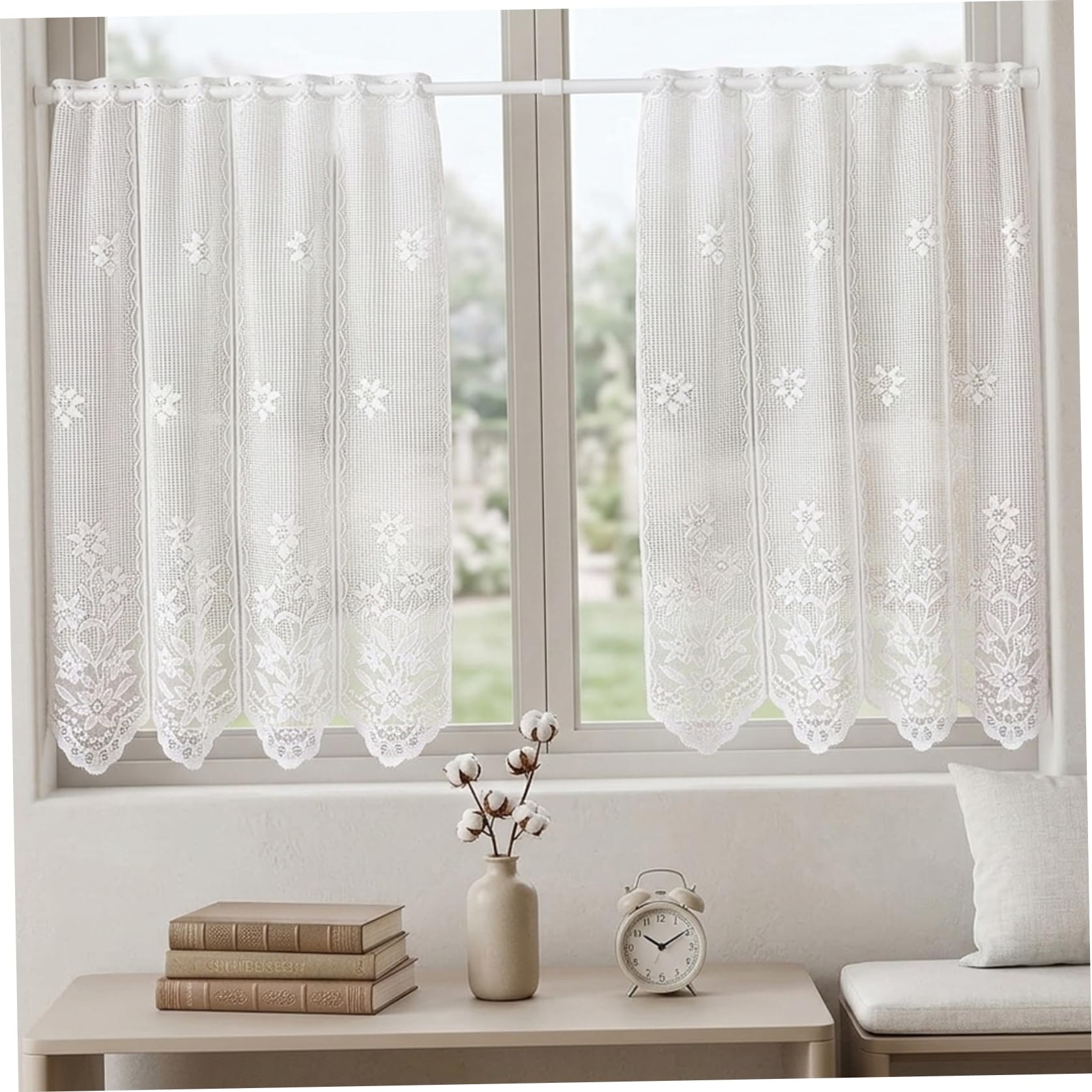 Cortinas de encaje cortas para dormitorio y baño con bolsillo para barra superior de 35x35