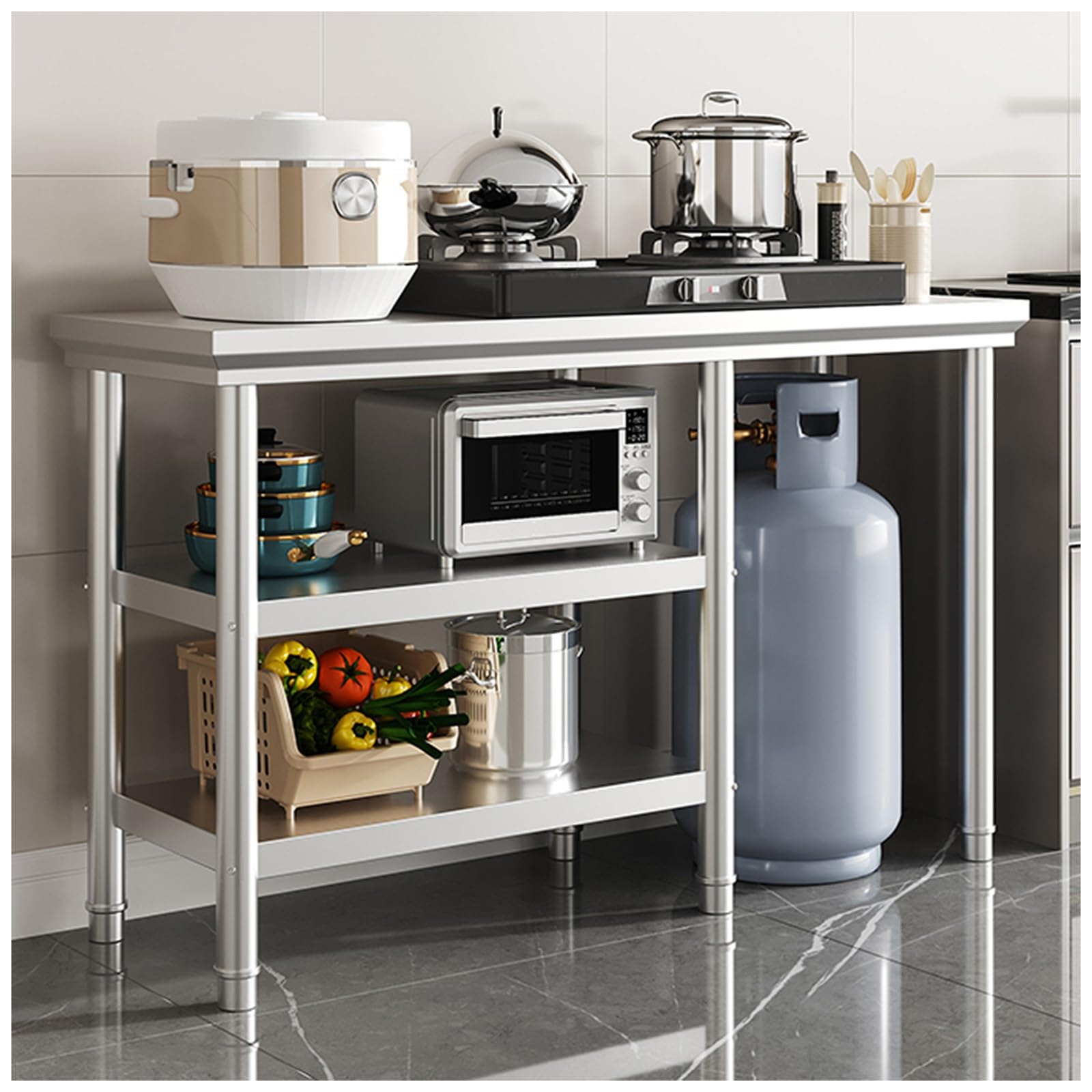 Table de préparation à 3 niveaux avec pieds réglables et îlot de cuisine robuste
