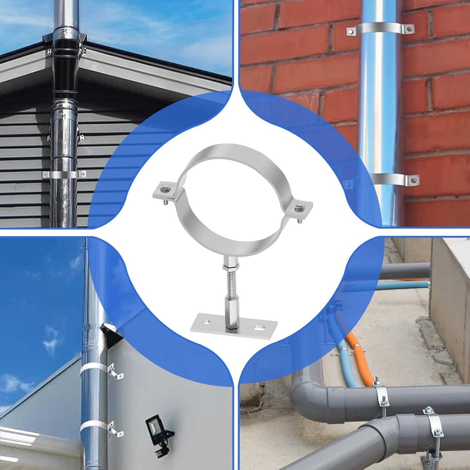 2 PCS 4 Inch Heavy Duty Adjustable Pipe Bracket, Galvanized Steel plit Ring Pipe Hanger, Pipe Bracket Clamp, Vent Pipe Wall Strap with Mounting Screws (4 Inch)