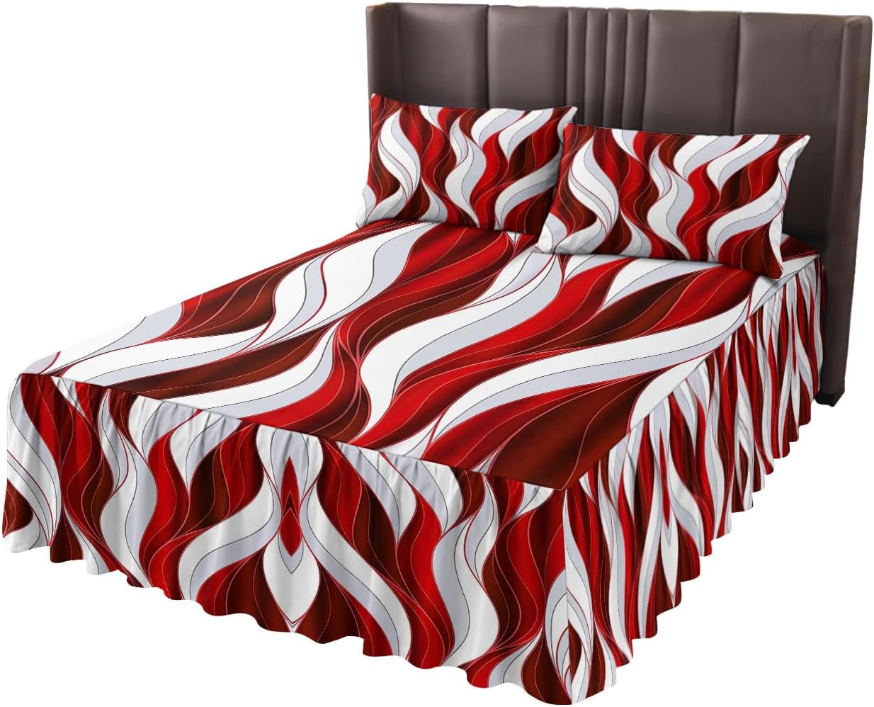 Red Geometric Wrap Around Pleated Bed Skirts for Full Bed