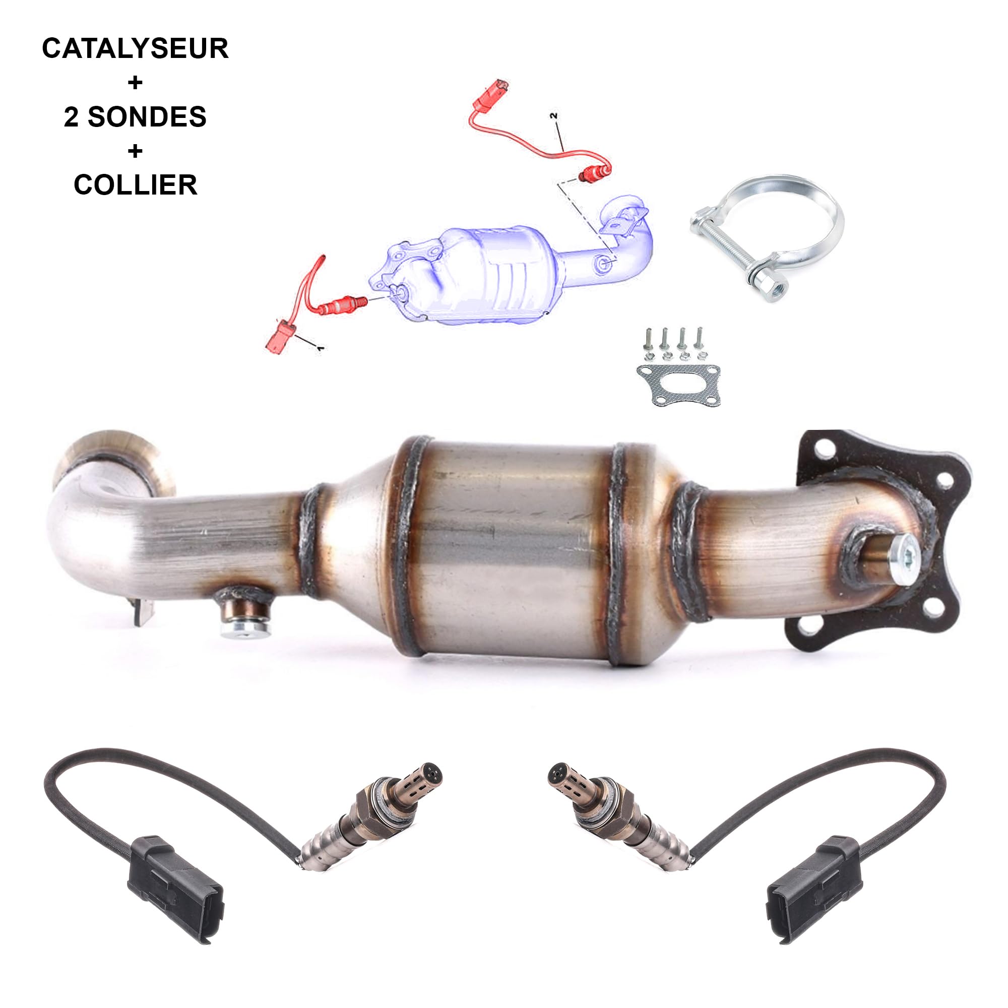 Partsline Kit Catalyseur AVEC 2 Sondes ET Collier d'Échappement compatible avec C1 II, C3 II, C4 Cactus, C-Elysée, DS3, 108, 2008, 208, 301, 308 II, Aygo 1.0 1.2 VTi - 9672883980 3649378 3639472