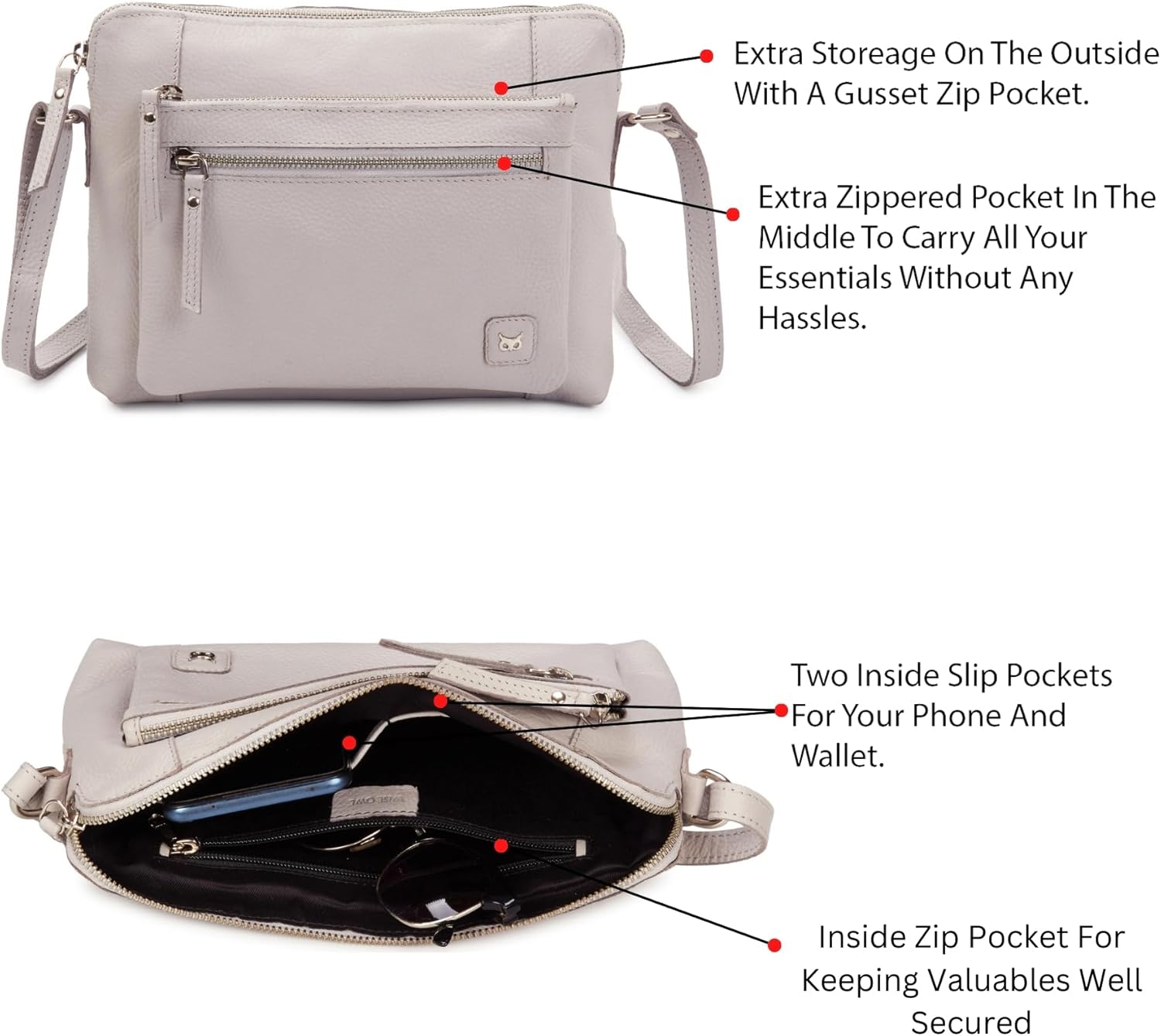 Leather Crossbody Bags for Women Small Soft Genuine Pebbled Sling Shoulder Handbag Crossover Purse with Full Adjustable Strap (Ice Grey Nappa) - Image 4