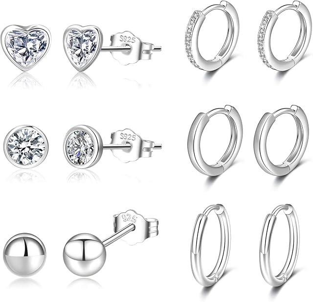 Silver Hoops Earrings for Women 925 Sterling Silver Hoop Earrings with Silver Stud Earrings Set with Cubic Zirconia Unisex Sleeper Huggie Small Hoop Earrings for Men Women(4mm*3+1*8/10/12mm) PABBEU