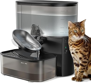FEELNEEDY Trinkbrunnen für Katze Kabellos ohne Filter, Frischwasser getrennt von Abwasser ohne Wasserkreislauf, 2000mAh Akkubetrieb Katzenbrunnen, Trinkschale aus Edelstahl, 3, 5L Tank, Schwarz