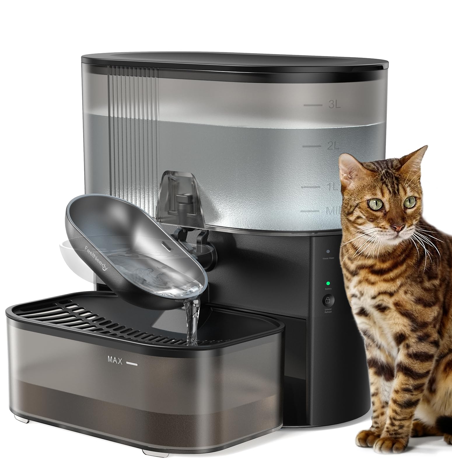 FEELNEEDY Trinkbrunnen für Katze Kabellos ohne Filter, Frischwasser getrennt von Abwasser ohne Wasserkreislauf, 2000mAh Akkubetrieb Katzenbrunnen, Trinkschale aus Edelstahl, 3,5L Tank (Schwarz)