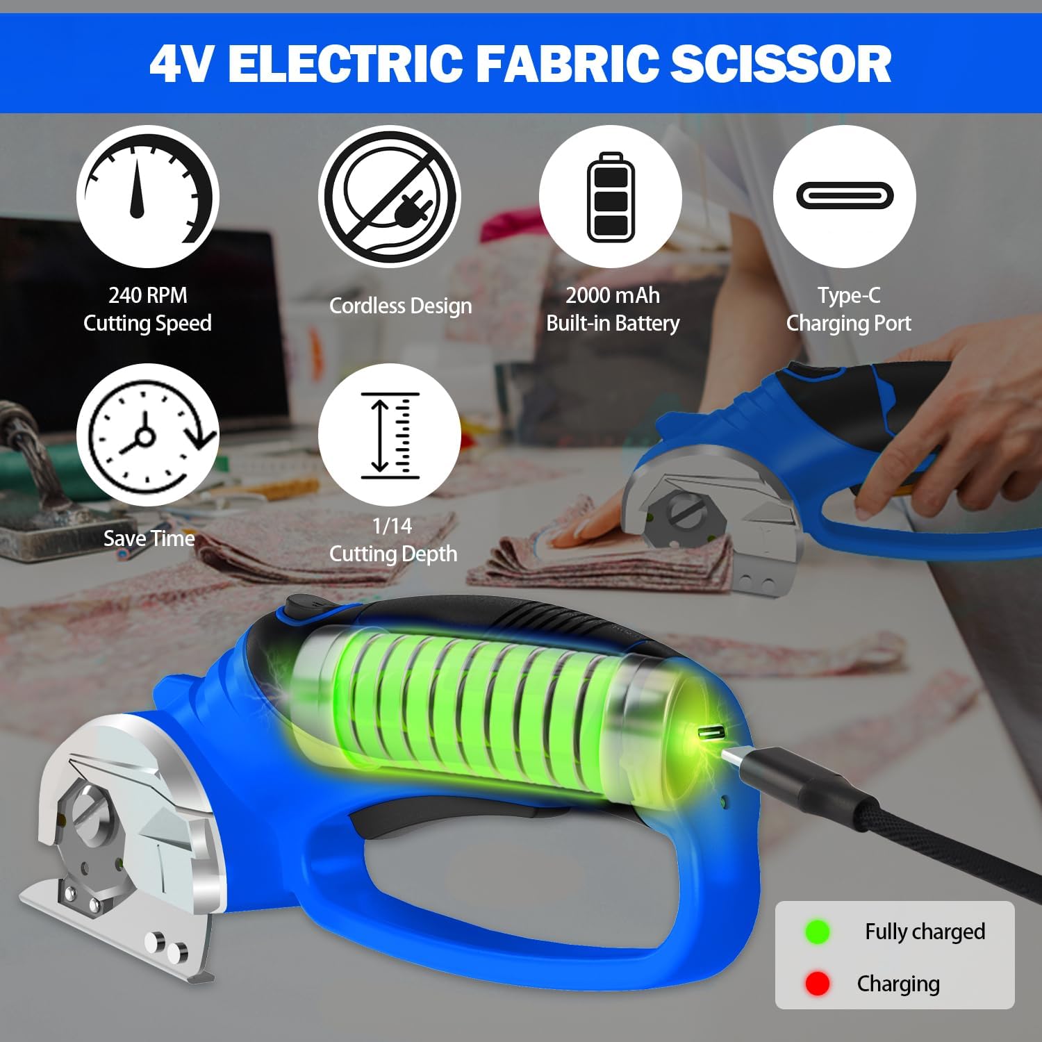 Cordless Electric Scissors, 4V Box Cutter & Cardboard Cutter with 2 Titanium Blades - Rotary Cutter with LED Light for Fabric, Leather, Carpet, Plastic, Crafting + Storage Case (Royal Blue)