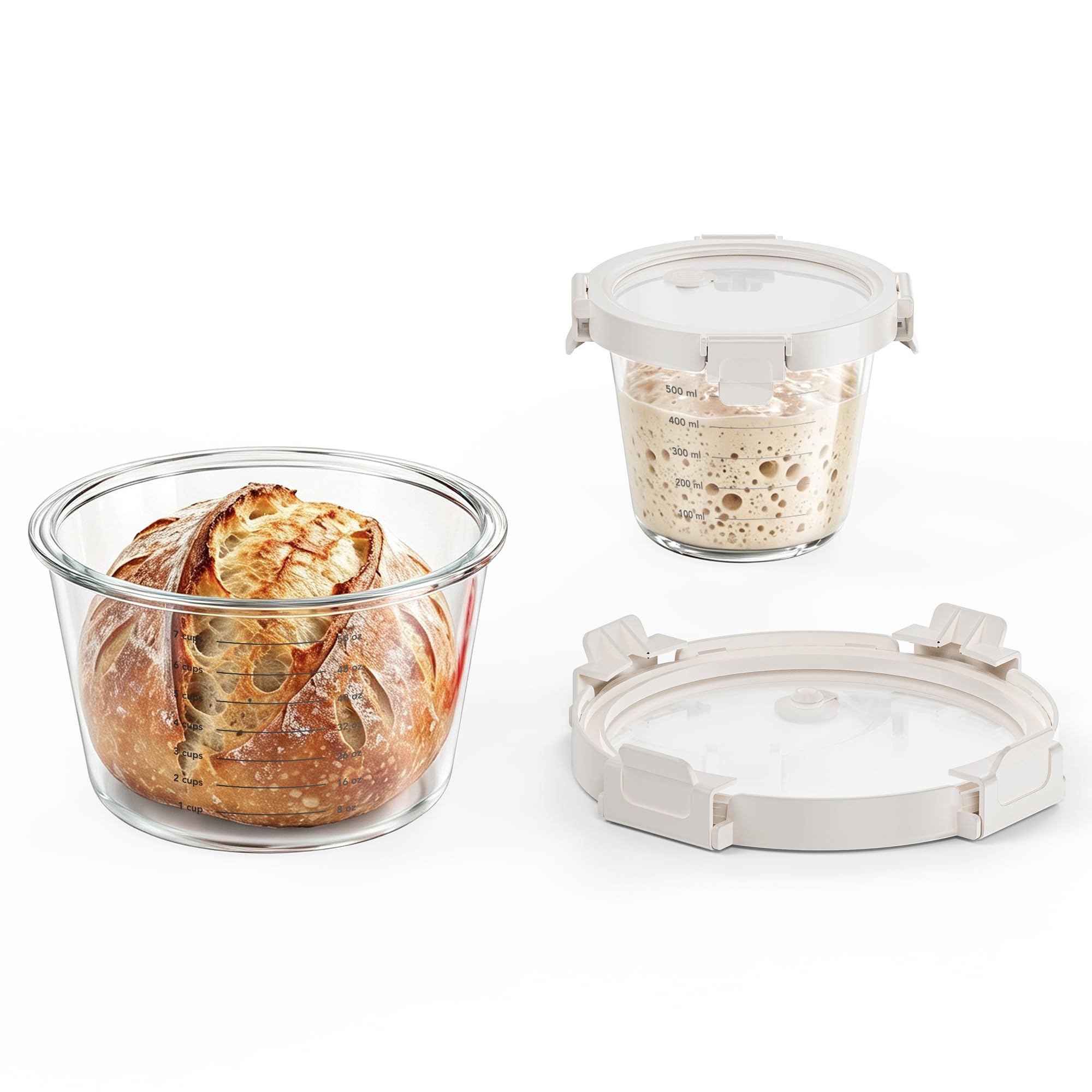 Sourdough Starter jar & Dough Proofing Set, 2-Piece Borosilicate Glass Containers with Airtight Lids, Wide Mouth Measuring Bowls for Baking & Fermentation, Microwave & Oven Safe (24oz & 71oz) White