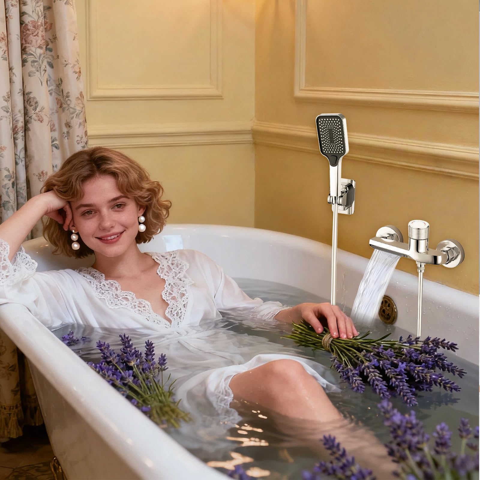 Rubinetto Vasca da Bagno Parete a Cascata con Doccetta 3 Funzioni, Tubo 1,5m, Miscelatore Ottone Antiperdite, Attacco G1/2 per Bagno, Cromato per Vasca da Bagno