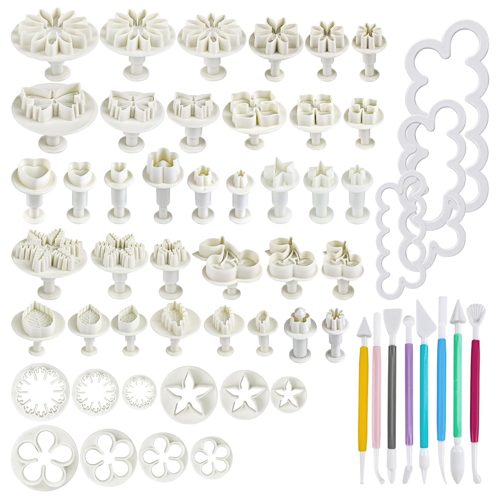 56 Pcs Fondant Cutter, Cookie Cutters with Fondant Tools, Flower Plunger Cake Decorating Tools, Snowflake Flower Leaf Butterfly Shape Baking Accessories for Home and School Crafts