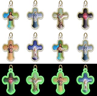 20Pcs Glow In The Dark Cross Charm Picture Jesus Enamel Acrylic Resin Luminous Crucifix Pendant Beads for DIY Catholic Rosary Necklace Bracelet Jewelry Making