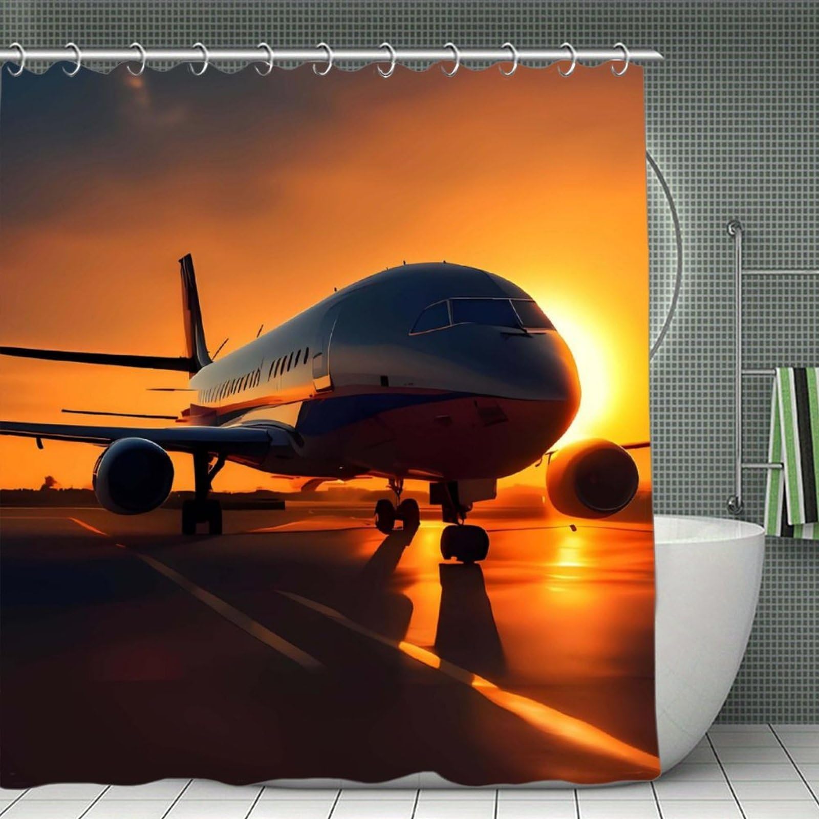 QMNLKH Airplane at Sunset Shower Curtain with Hooks, Waterproof Bath Curtains for Bathroom, Lightweight Bath Curtains Liner for Hotel, Personalized Bath Curtain for Spa, 70.8 Inch