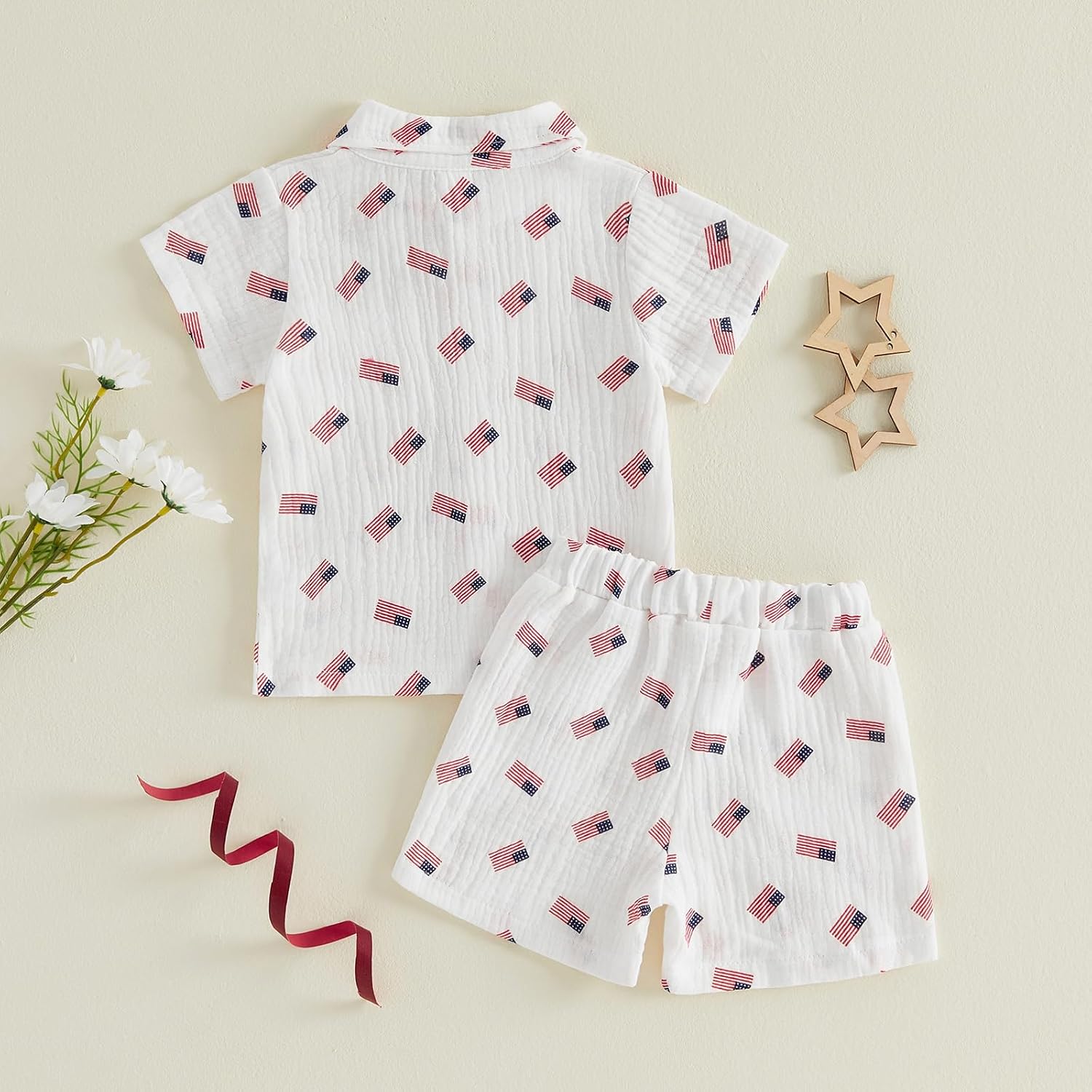 4th of July Toddler Baby Boy Outfit American Flag Button Down Short Sleeve Muslin Shirt Top and Shorts Set