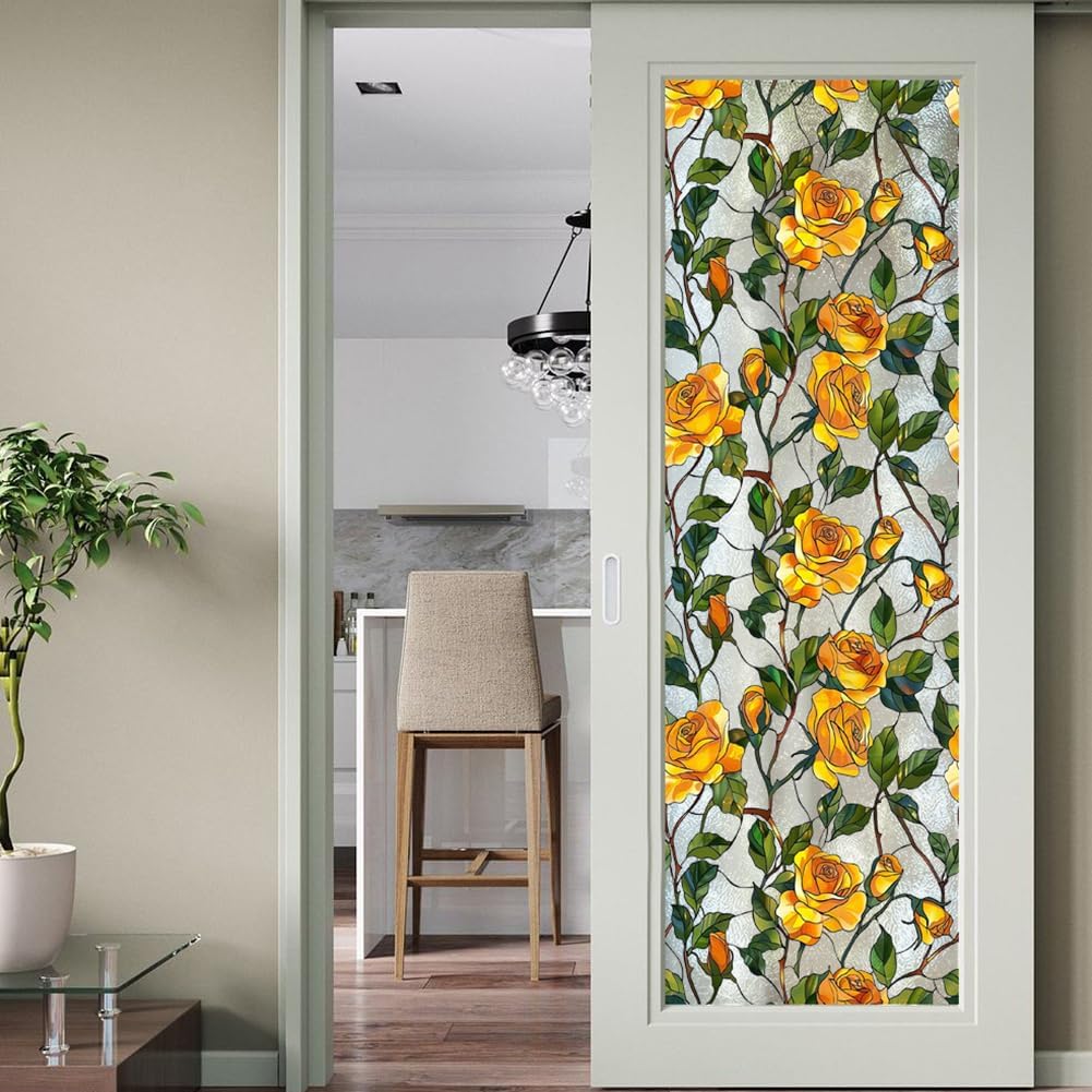 JOONOR Elegant Rose Window Privacy Film, Removable PVC Static Cling Stickers Stained Glass Decals Decorative Yellow Rose Floral Window Film for Home Office and Cars, 17 x 39.37 Inch