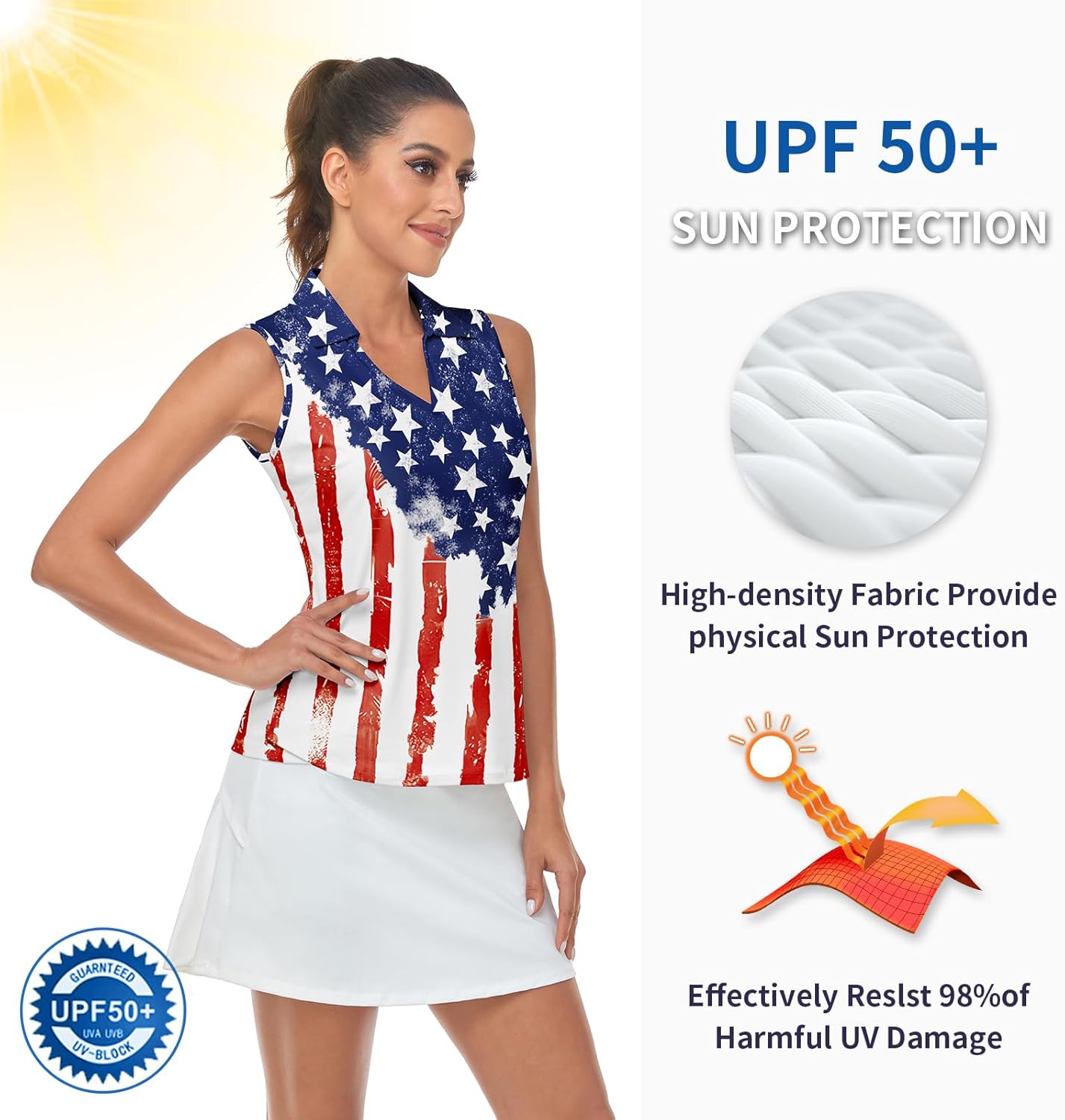 Soneven Women's Sleeveless Golf Shirts Printed Moisture Wicking V Neck Golf Polo Shirts Racerback Golf Tank Tops