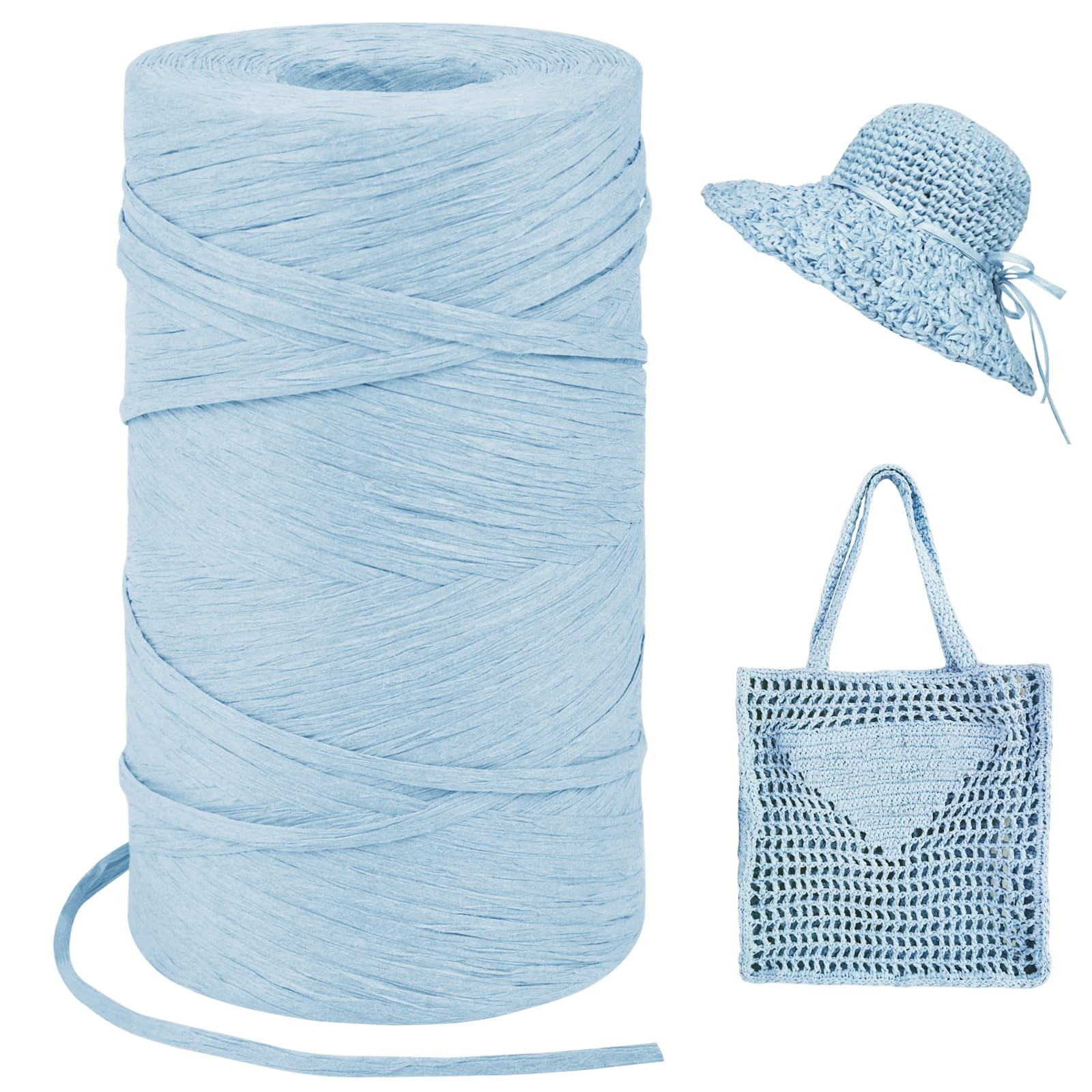 Light Blue Raffia Yarn for Crochet Bags, 3mm x 328 Yards Flat String Raffia Ribbon for Gift Wrapping, Raffia Paper Ribbon Yarn for Crocheting Sun Hat, Bag, DIY Crafts, Holiday Decoration