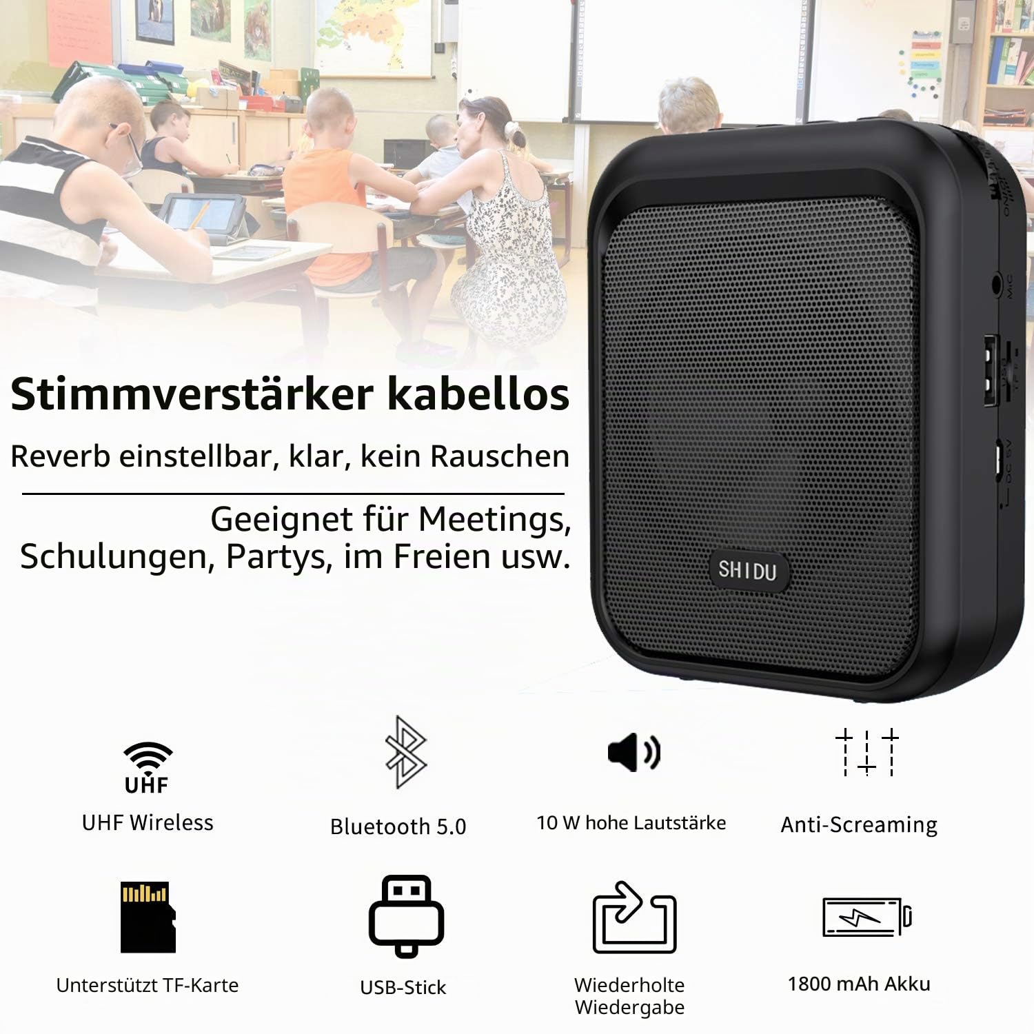 SHIDU Sprachverstärker Tragbarer Bluetooth Lautsprecher mit drahtlosem UHF Mikrofon Headset 10W 1800mAh PA-System Unterstützt Audio im MP3-Format für Lehrer, Taxifahrer, Trainer, Training, Reiseleiter