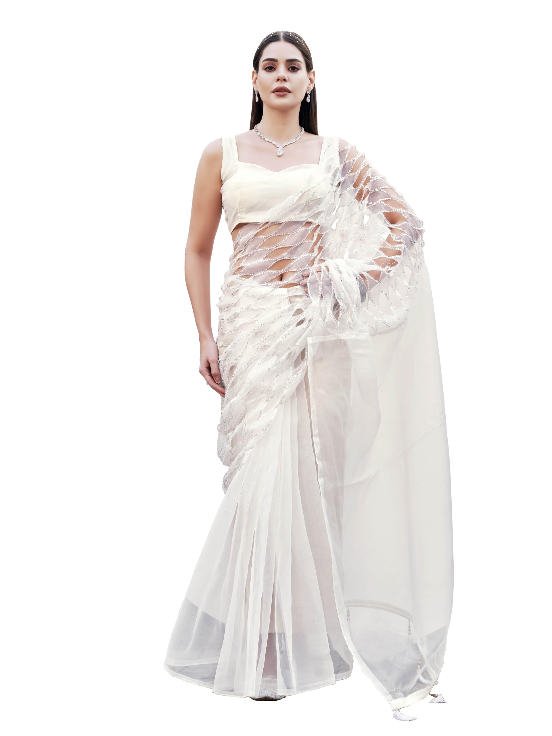 Womanista Women's White Colored Designer Organza Saree With Heavy Cutwork Fabric On Shoulder(Ti6858_White_Onesize)