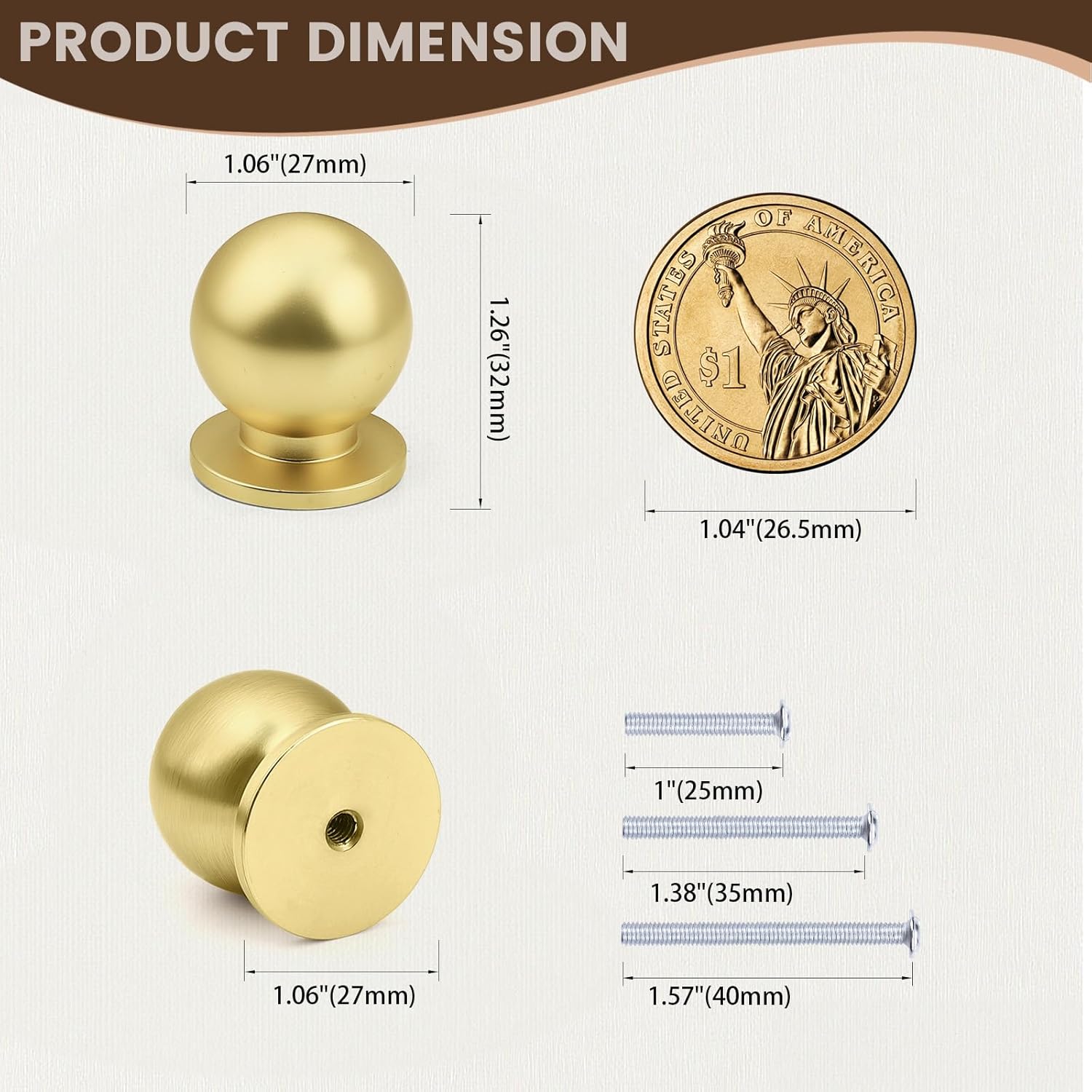 12 Pack Polished Brass Cabinet Knobs, Round Ball Gold Drawer Dresser Knobs, Solid Modern Kitchen Knobs, Diameter 1.06"(27MM)