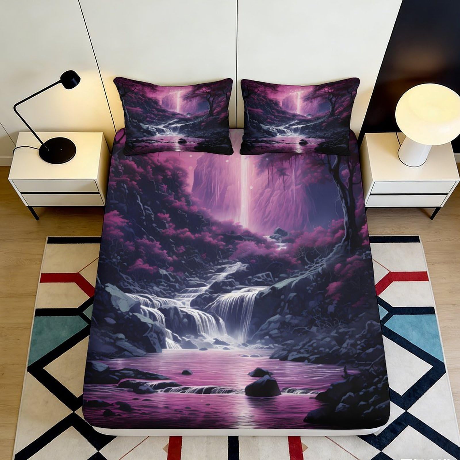 3D Printed Purple Waterfall Fitted Sheet Microfiber Soft Breathable Mystical Forest Bed Cover for Bedroom Dormitory Guest Room Mattress Protection 180x200x25cm