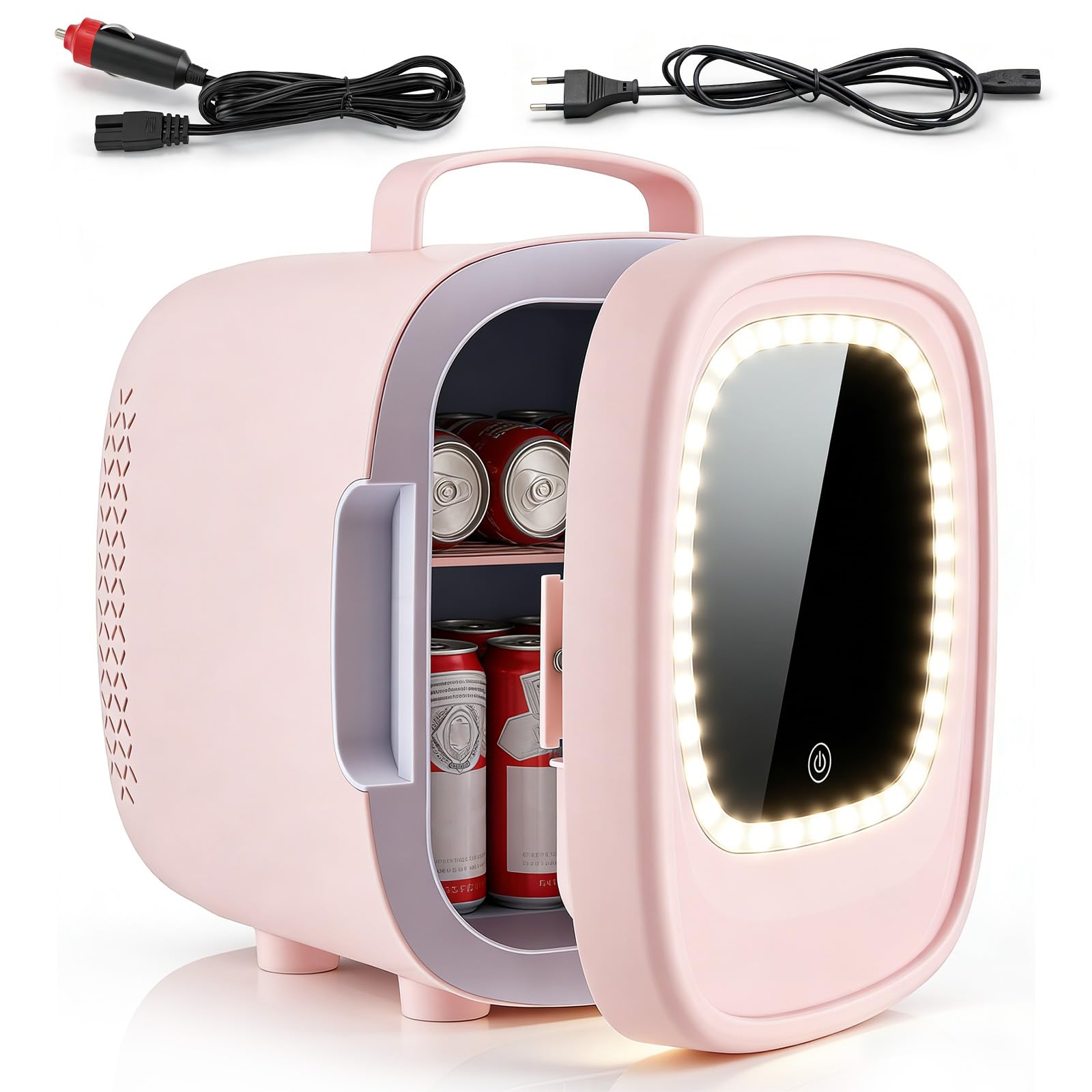 Mini nevera de 6 litros con espejo LED para cosméticos, bebidas, pequeña nevera para el cuidado de la piel en el dormitorio y el bañ