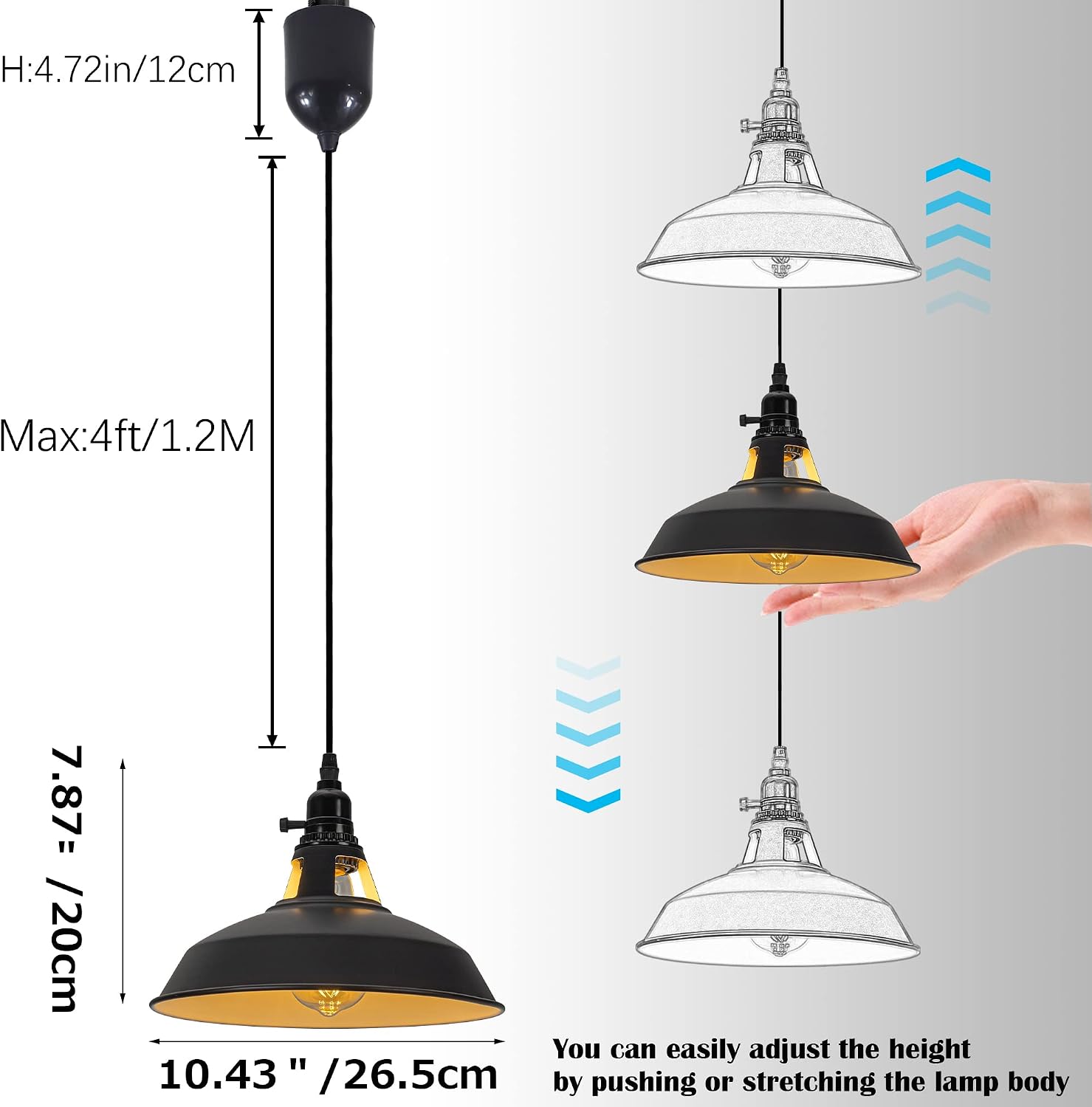 Adjustable Height H Type Track Lighting Pendants 4 Ft Industrial Style Black Iron Shade Instant on Retractable Lift Track Mount Pendant Light Decorate for Kitchen Island Customizable