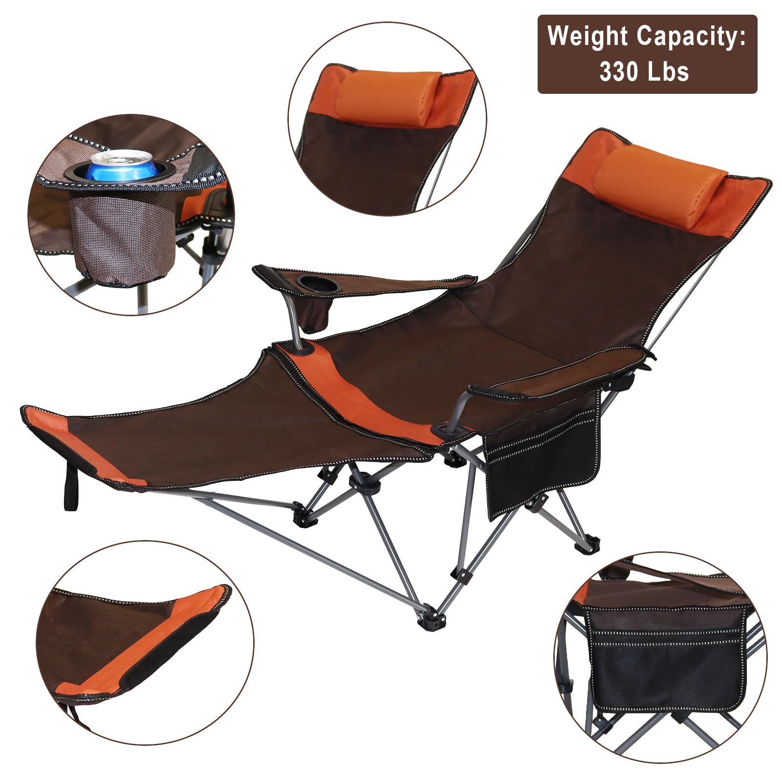 MCCKLE Camping Lounge Chair with Headrest Footrest and Storage Bag, Portable Folding Reclining Camping Chair with Foot Rest for Adults Outdoor Camping Beach Hiking Fishing (Orange Brown)
