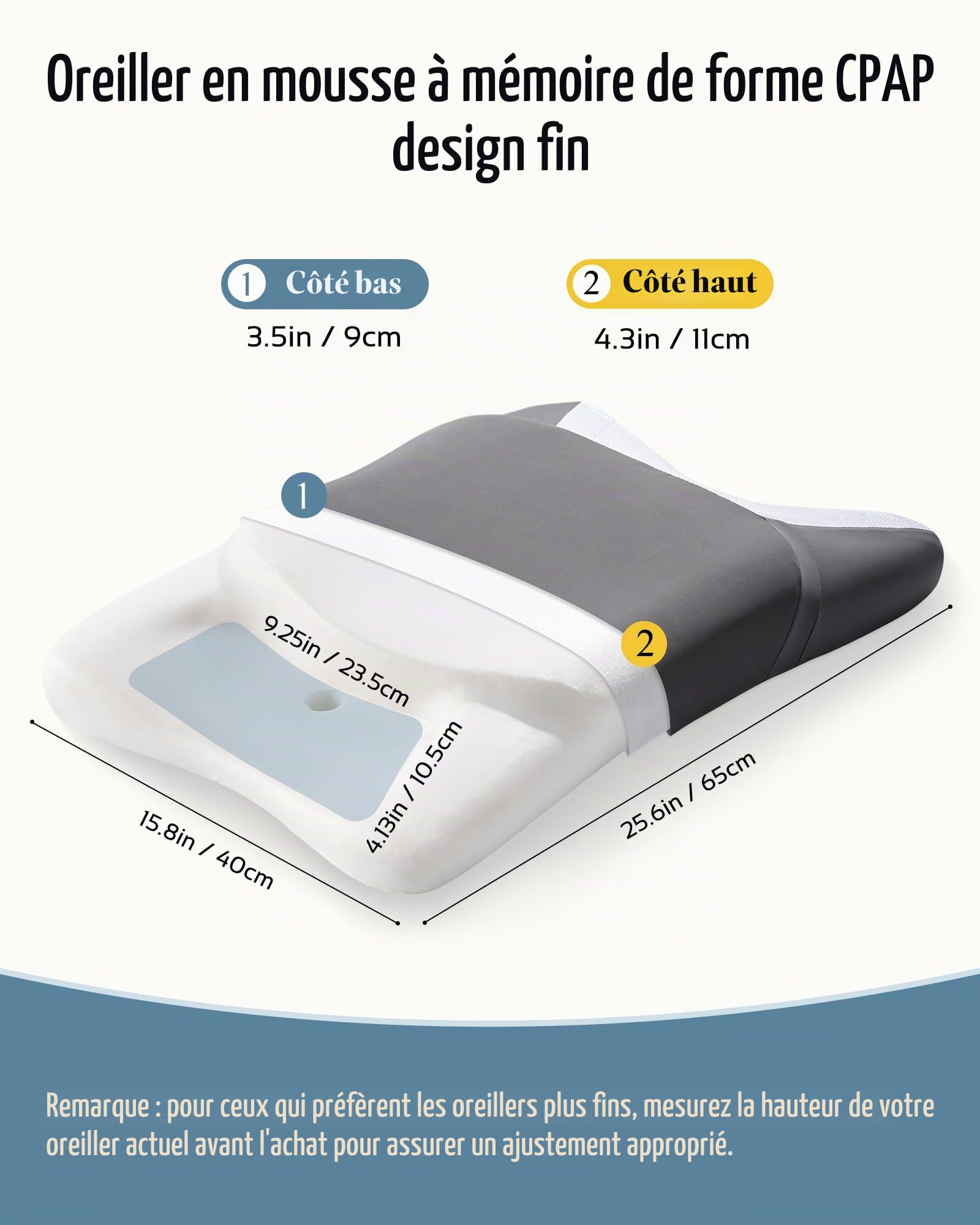 Oreiller CPAP Ergonomique à Mémoire de Forme Découpes Élargies