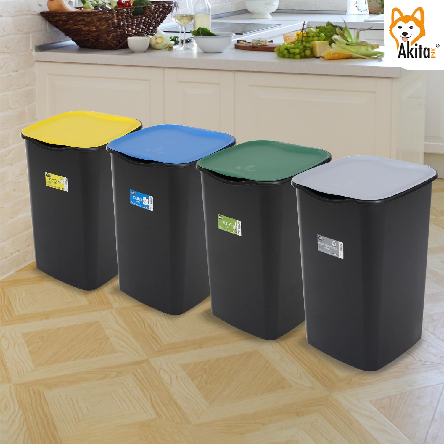 AKITAInk - Set 4 Bidoni per Raccolta Differenziata da 50L - Modello AKIJAZZ4 | Soluzione Pratica per una Separazione Facile e Ordinata dei Rifiuti - Made in Italy