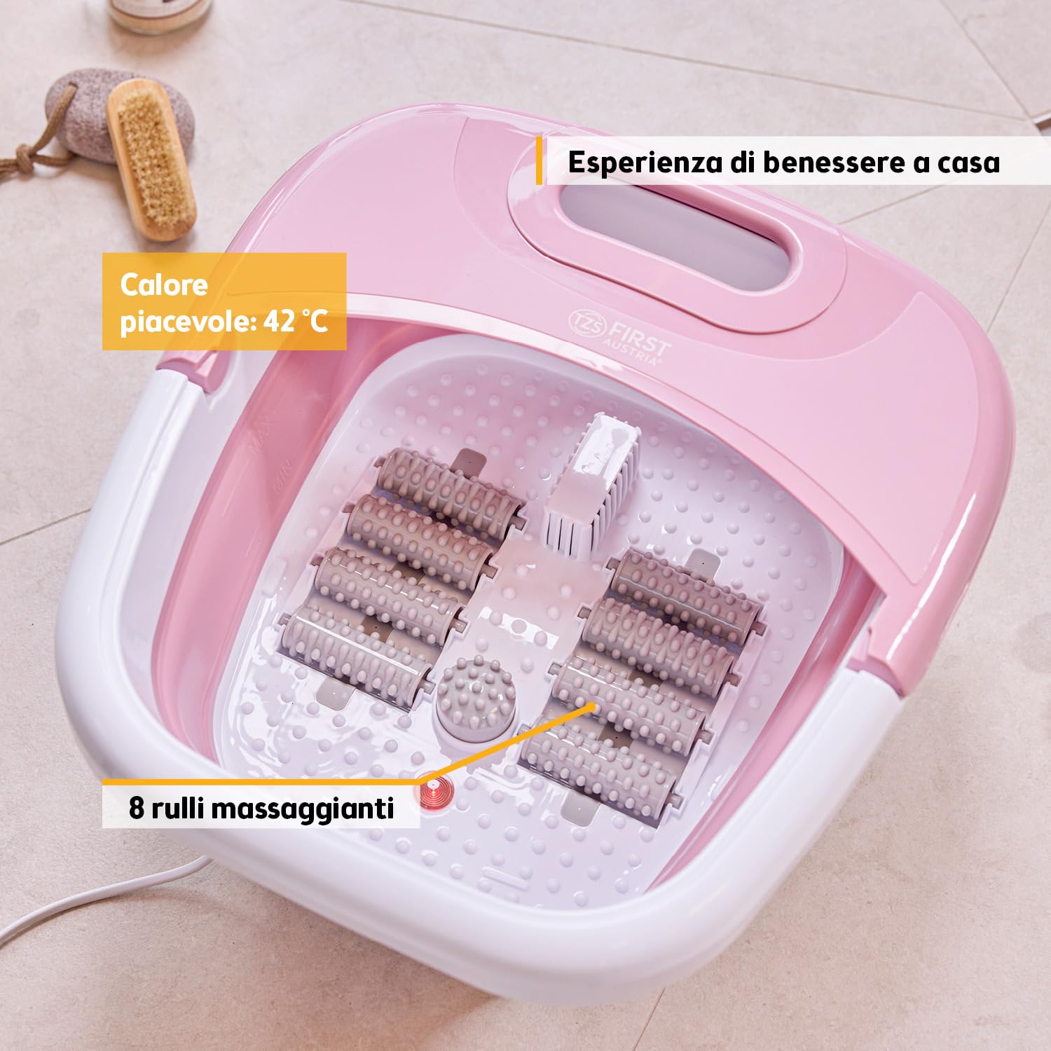 TZS First Austria - Idromassaggio Plantare 500W - Massaggiatore piedi con 3 accessori & 8 rulli - Massaggio a vibrazione & bolle d'aria, infrarossi & riscaldamento - Pieghevole fino al 47 - Rosa