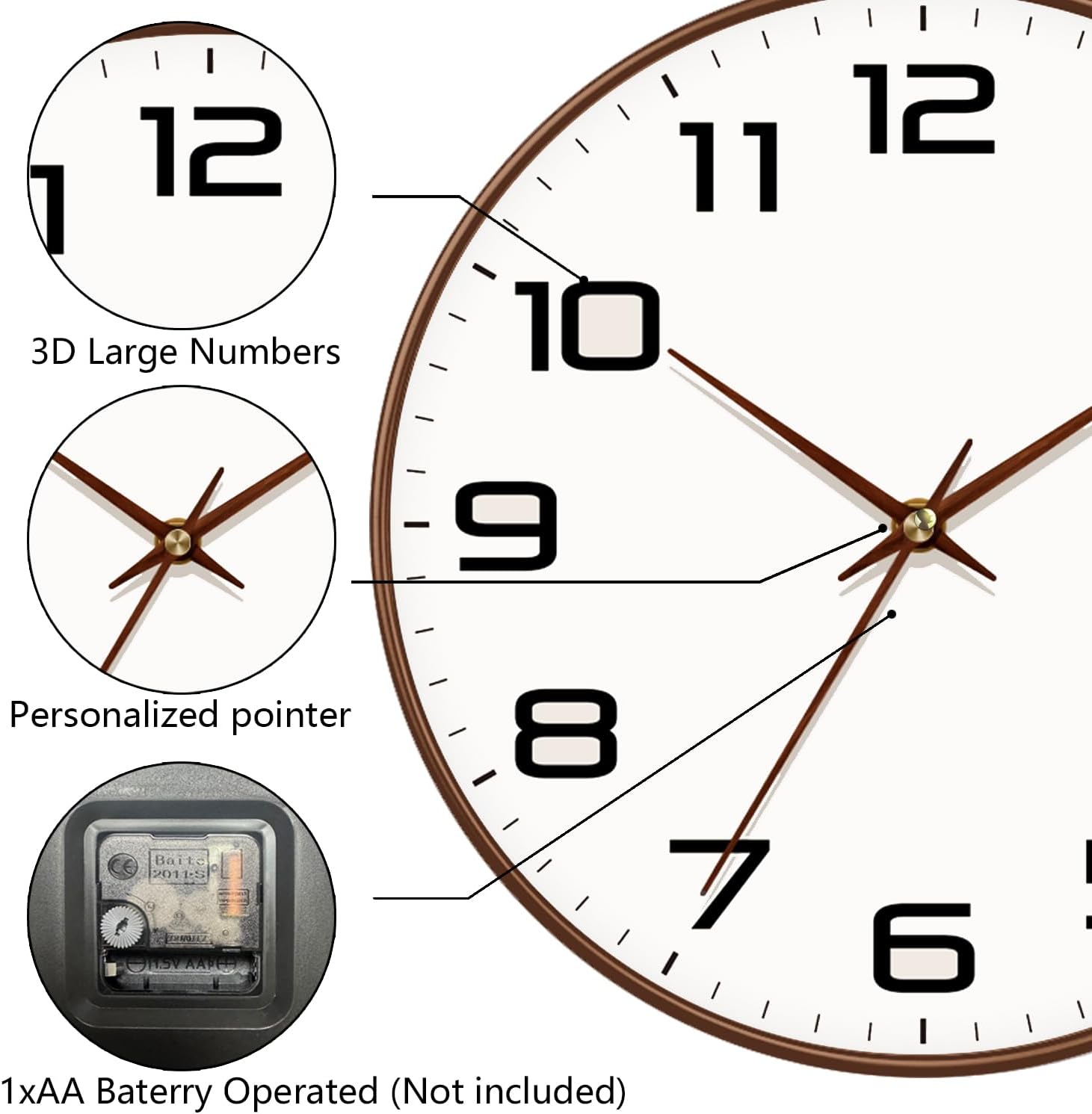 Woodgrain Wall Clock, Silent Non-Ticking Battery Operated Clock 10 Inch, Large Easy-to-Read Number Digital Wall Clocks, Modern Analog Clocks for Living Room Bedroom Kitchen Office Gym, Brown
