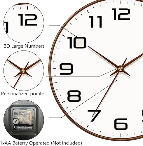 Miniatura 7 de Reloj de pared de grano de madera, silencioso sin tictac, funciona con pilas, 10 pulgadas, reloj digital de pared grande y fácil de leer, relojes