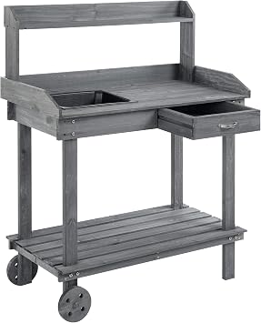 Wooden Potting Bench Work Table with Sink, Drawer & Large Storage Spaces, 2 Removable Wheels,Gray