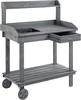 Outsunny 36" Wooden Potting Bench Work Table with 2 Removable Wheels, Sink, Drawer & Large Storage Spaces, Gray