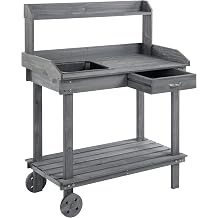 Wooden Potting Bench Work Table with Sink, Drawer & Large Storage Spaces, 2 Removable Wheels,Gray