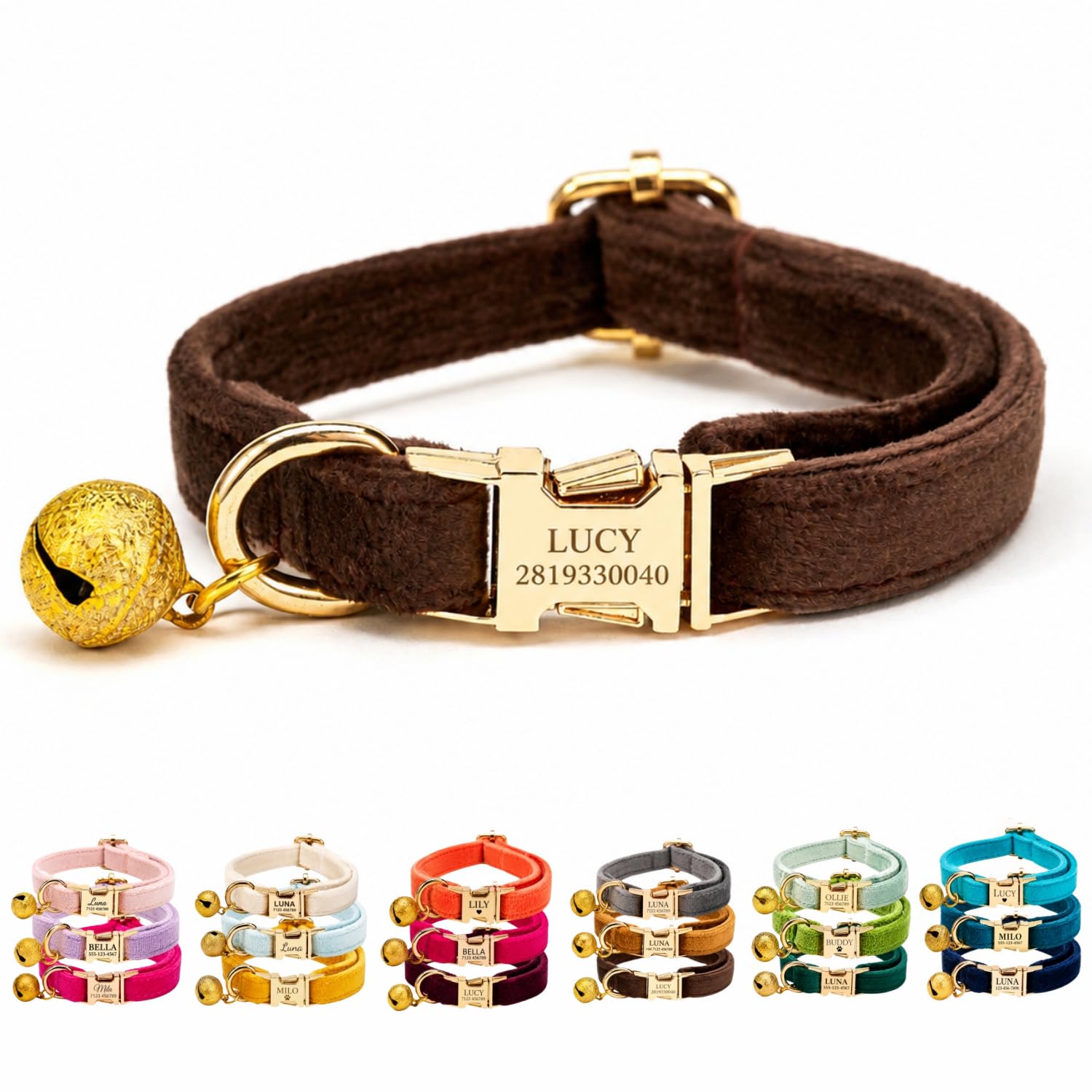 Velvet Personalised Cat Collar with Name & Phone Number Engraving – Adjustable Pet Collar with Metal Buckle & Bell – Soft Kitten ID Tag Collar for Cats Puppy – Gift for Pet Owners UK
