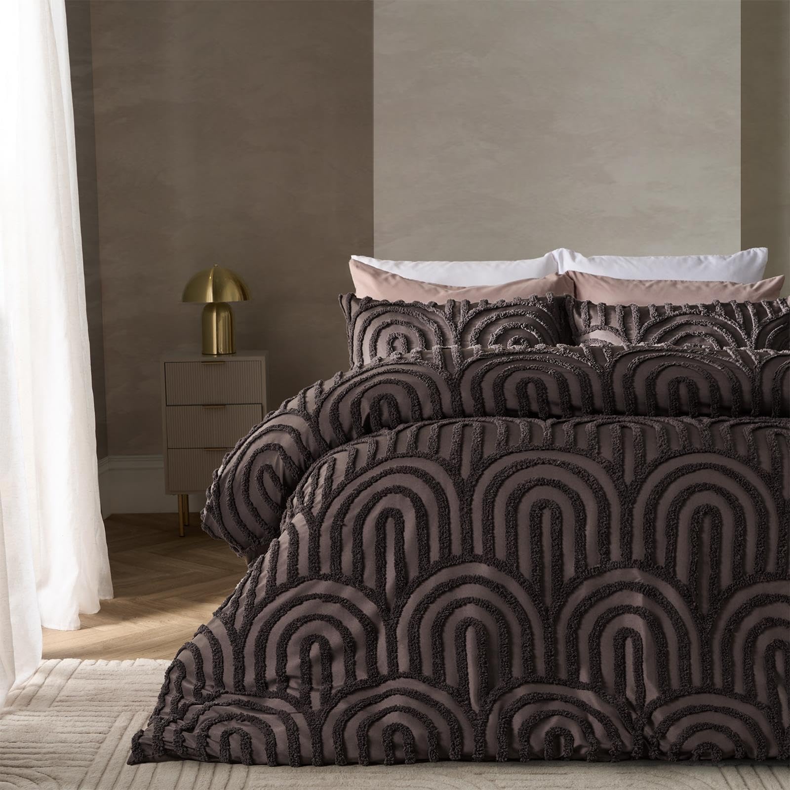OHS Tufted Arches King Size Duvet Cover Sets with Pillowcases, Coffee