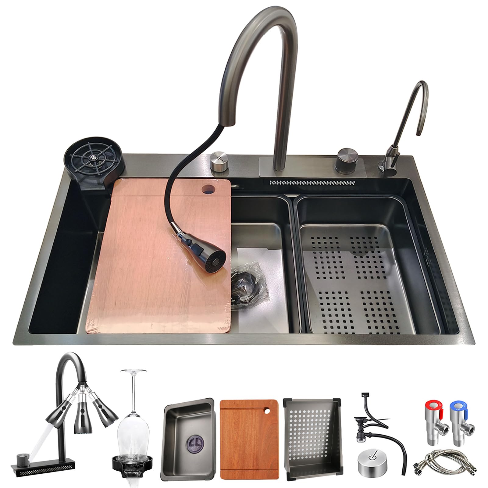 CSXSXAUO 65x50 cm Black Stainless Steel Kitchen Sink - Topmount Waterfall Bar with Large Capacity Multifunctional Tap Pressure Washer Chopping Board & Drip Basket