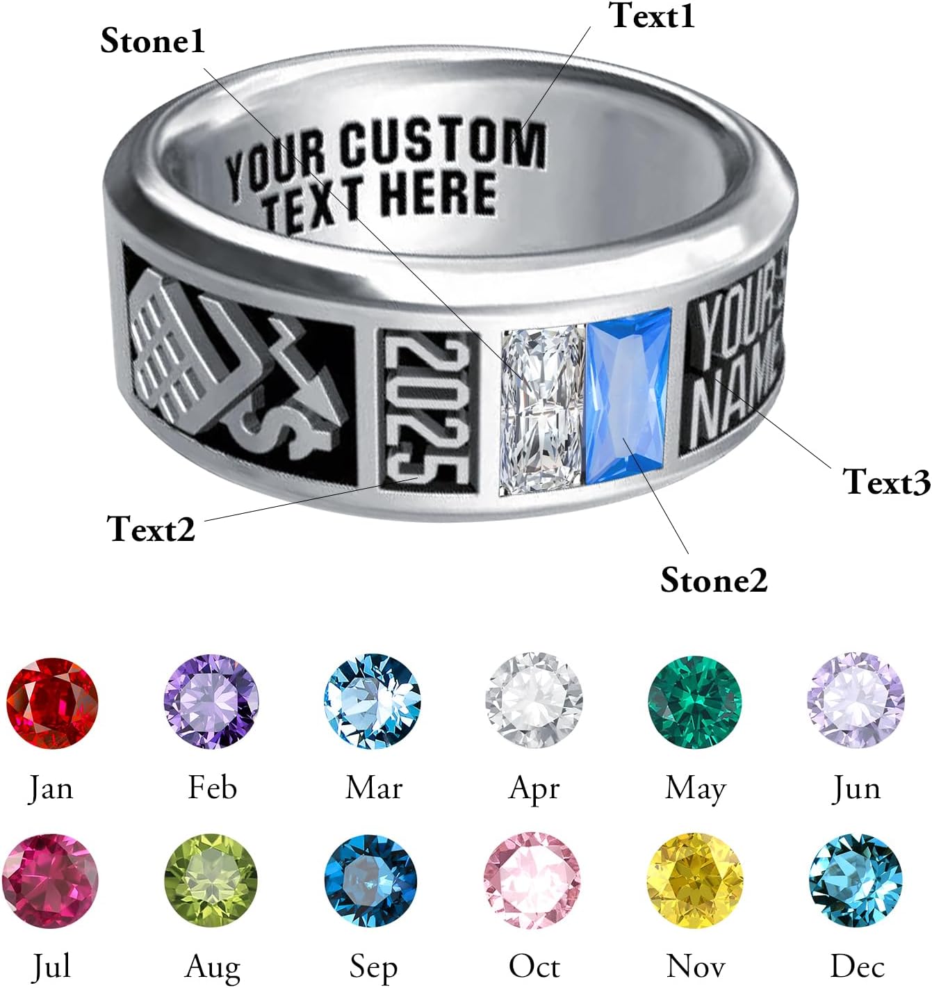 Personalized Class Ring High School College Custom Birthstone Rings 925 Sterling Silver Engraved 2025 Graduation Jewelry Gifts for Men Size 4-15