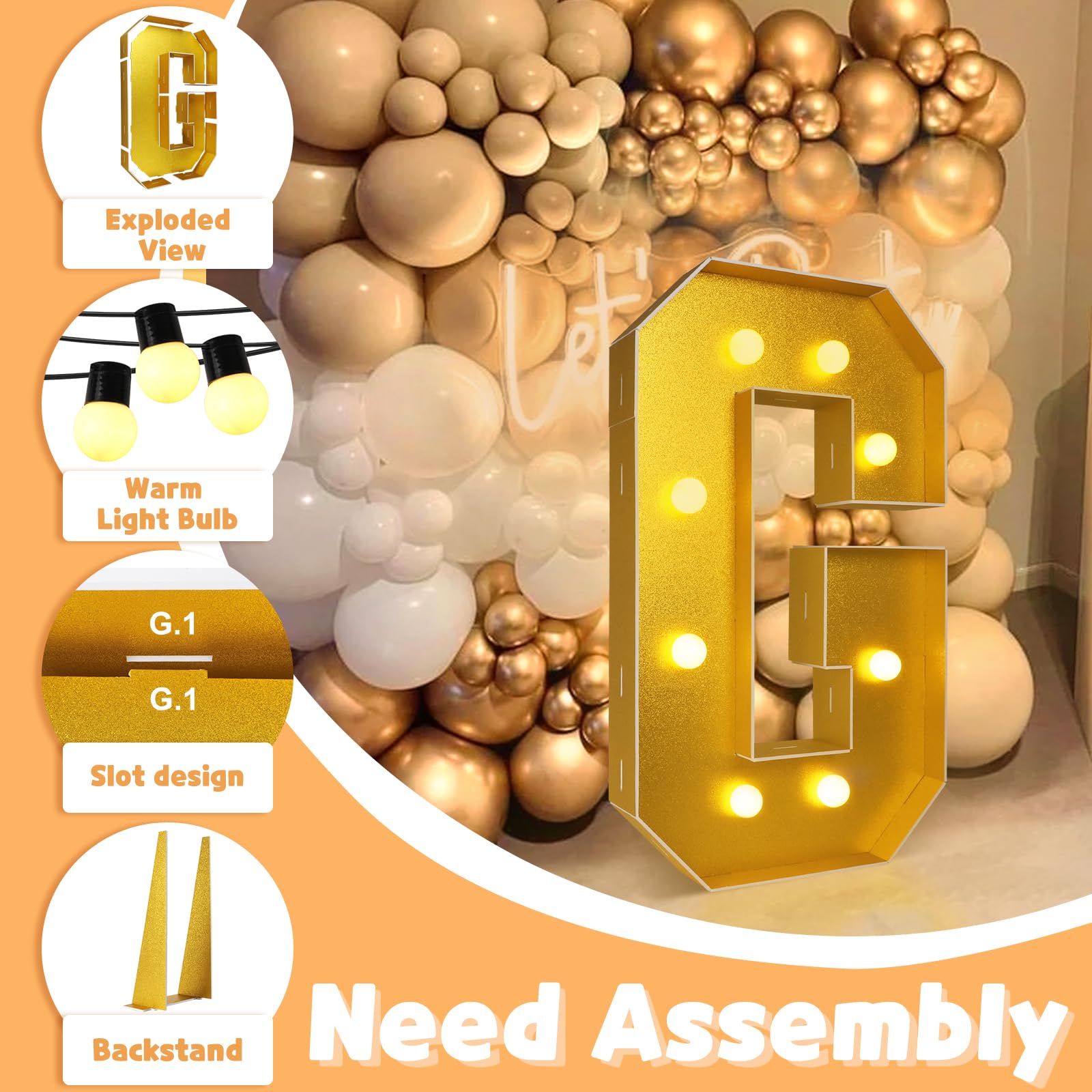 imprsv 3FT Gold Marquee Light Up Letters for Birthday Gold Party Decorations Large Gold Marquee Letters for Baby Shower Wedding Event Bridal Shower Engagement Anniversarty Party Decor,Letter G