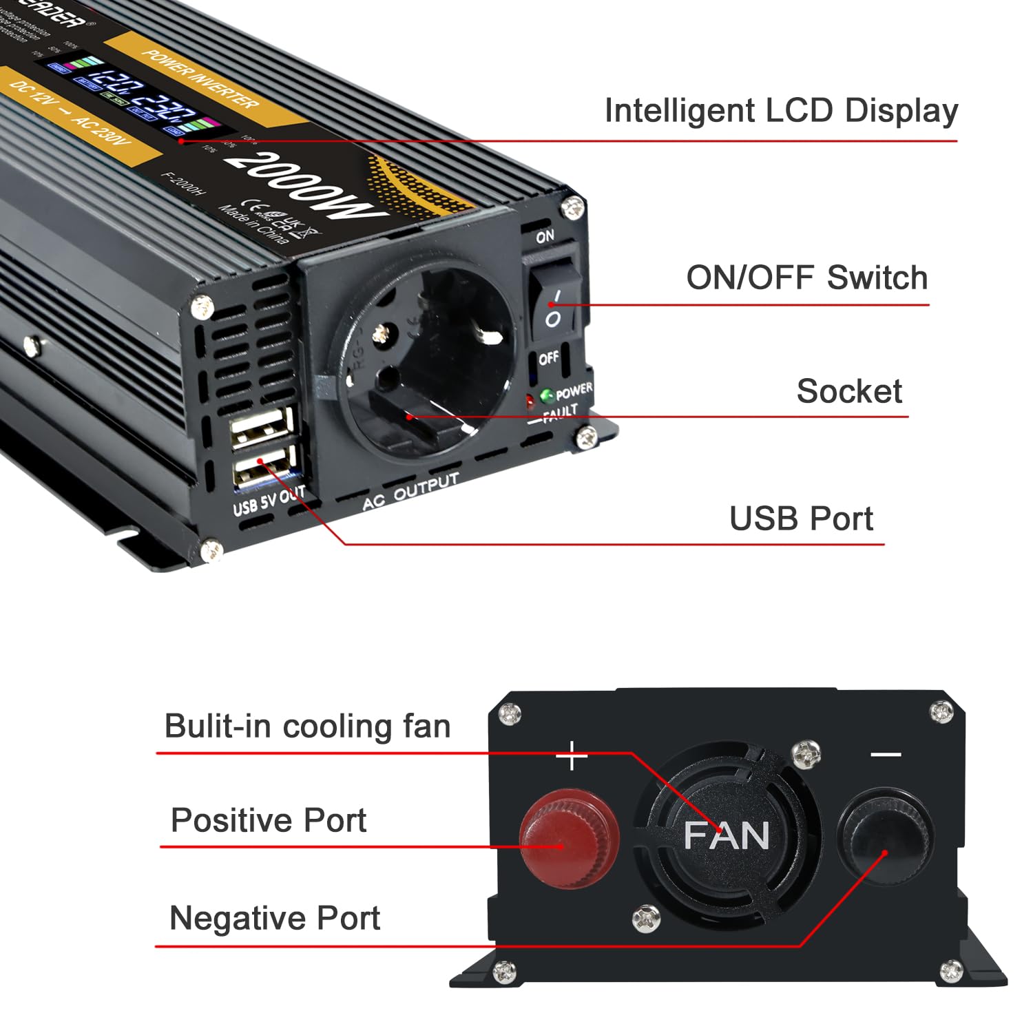 Yinleader Inverter da 1000 W, da 12 V a 230 V, con 2 USB