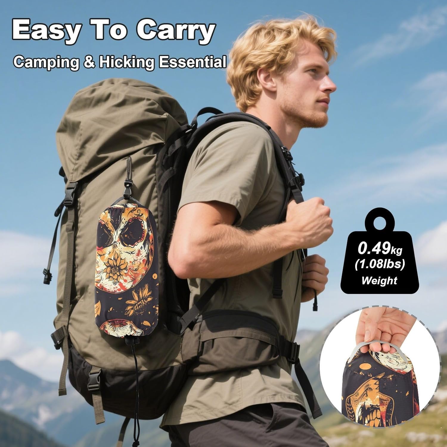 ALAZA Mexican Skulls Camping Hammocks Single or 2 Person 500 lbs Portable Parachute Travel Hammock w/Tree Straps for Hiking Backpacking Indoor Outdoor