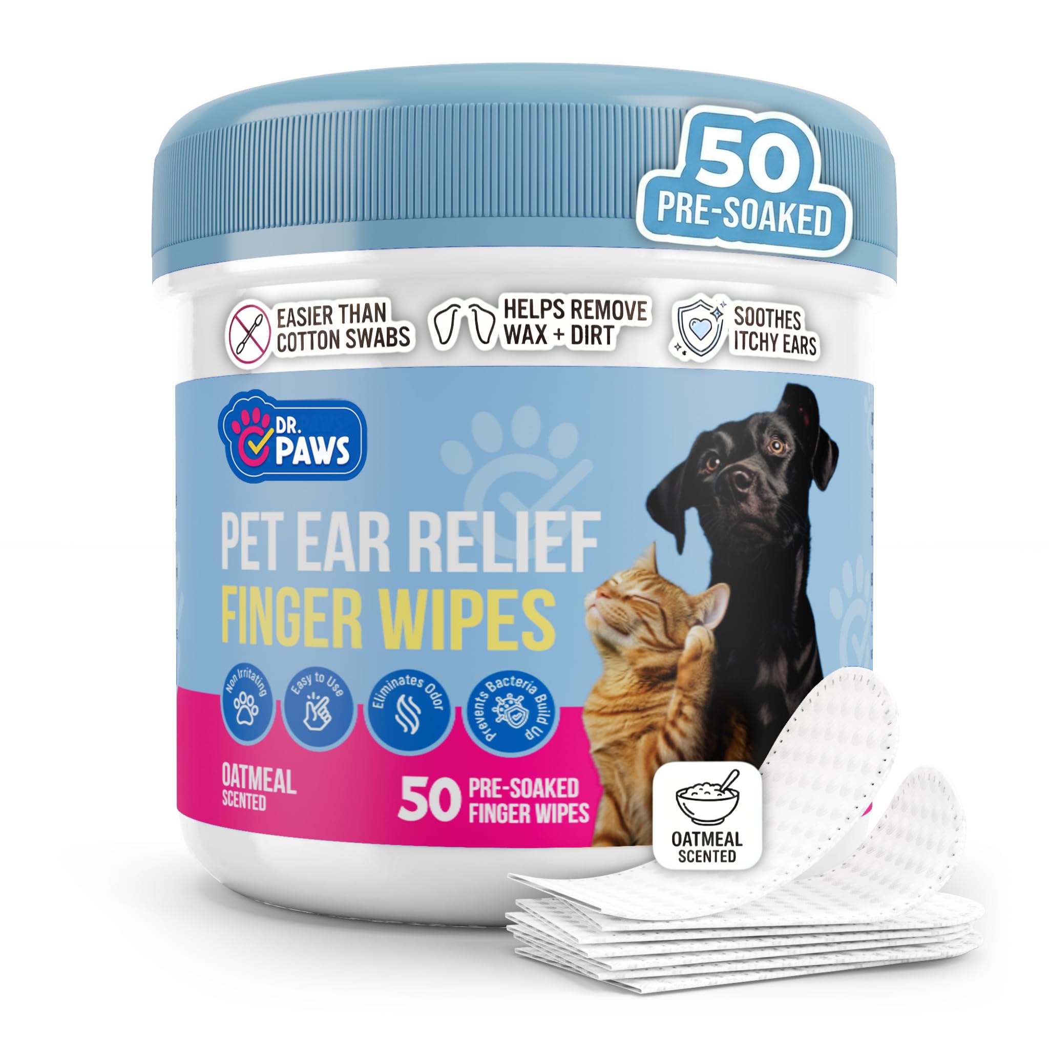 Dr. Paws Dog Ear Cleaner Finger Wipes - Ear Finger Wipe for Dog Ear Infection Treatment, Easy to Use Cat Ear Cleaner, Eliminates Odor, Dog Ear Cleaning Solution, Dog Ear Wipes (Oatmeal)