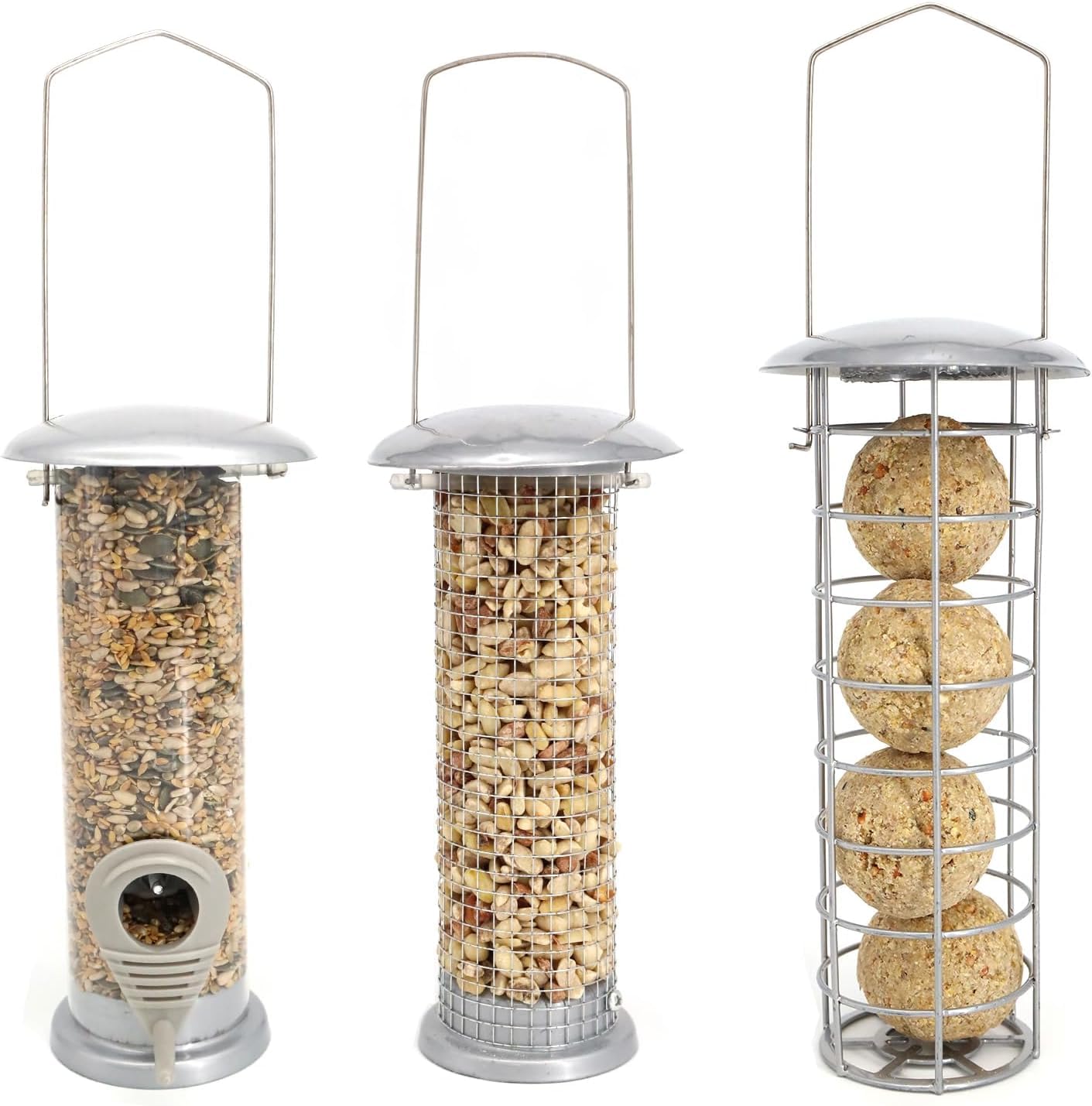 Set of 3 Metal Hanging Bird Feeders with Steel Hooks, Fat Ball & Tube Feeders, Dense and Coarse Mesh for Seed Blends – Ideal for Garden, Backyard, and Lawn