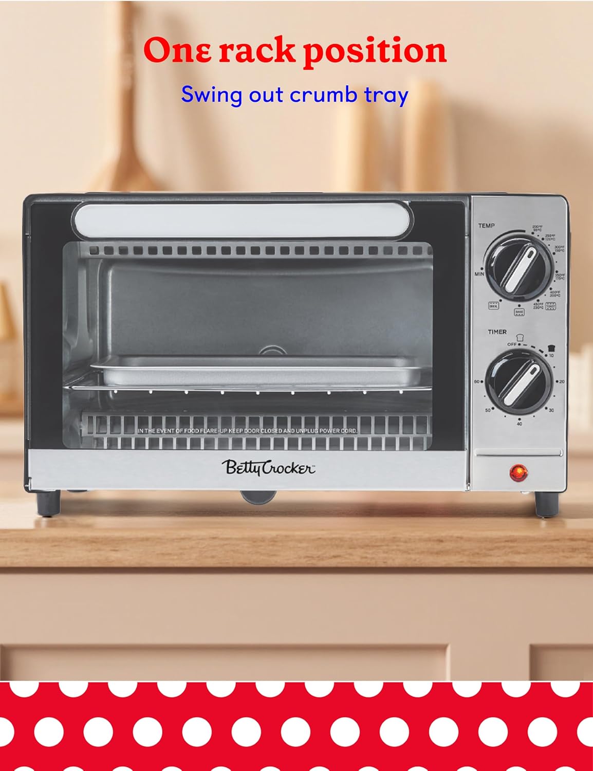 Betty Crocker 9L Toaster Oven, 2-Slice Toaster with Chrome Plated Front, Stainless Steel Handle, Bake, Broil & Toast Functions, Easy Control Dials, Includes Baking Pan & Rack, BC-5665B, Black/Silver