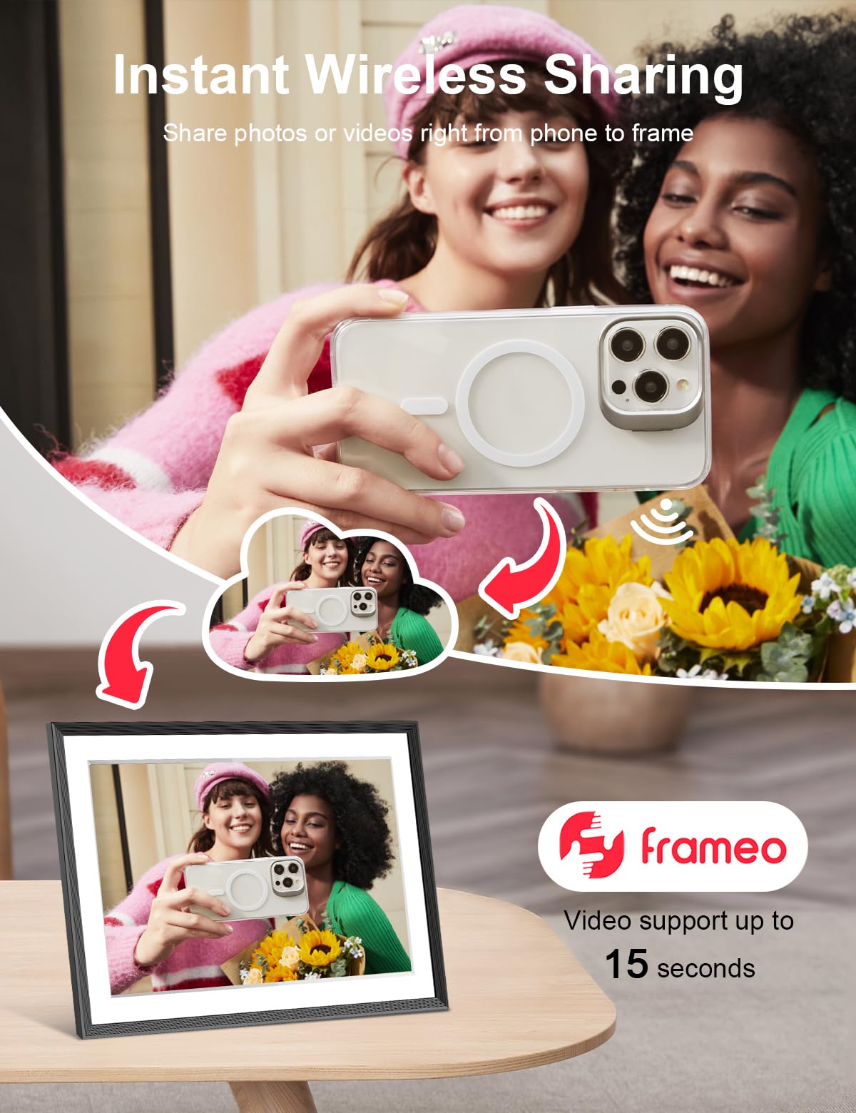 Cadre Photo numérique Intelligent Wi-FI FRAMEO 10,1 Pouces 32 Go, écran Tactile IPS LCD 1280x800, Rotation Automatique Portrait/Paysage, Partage instantané de Moments Via l'application Frameo Noir