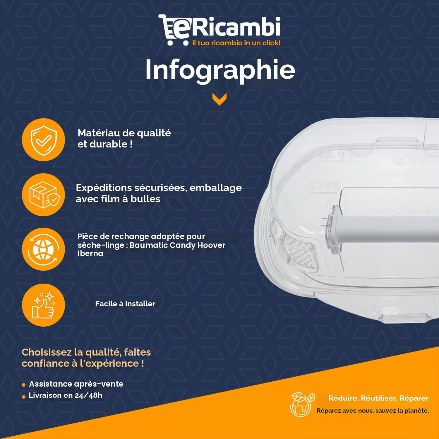 ERICAMBI Kit de rechange pour sèche-linge compatible avec Hoover Candy | Conteneur de réservoir de collecte d'eau Condensateur